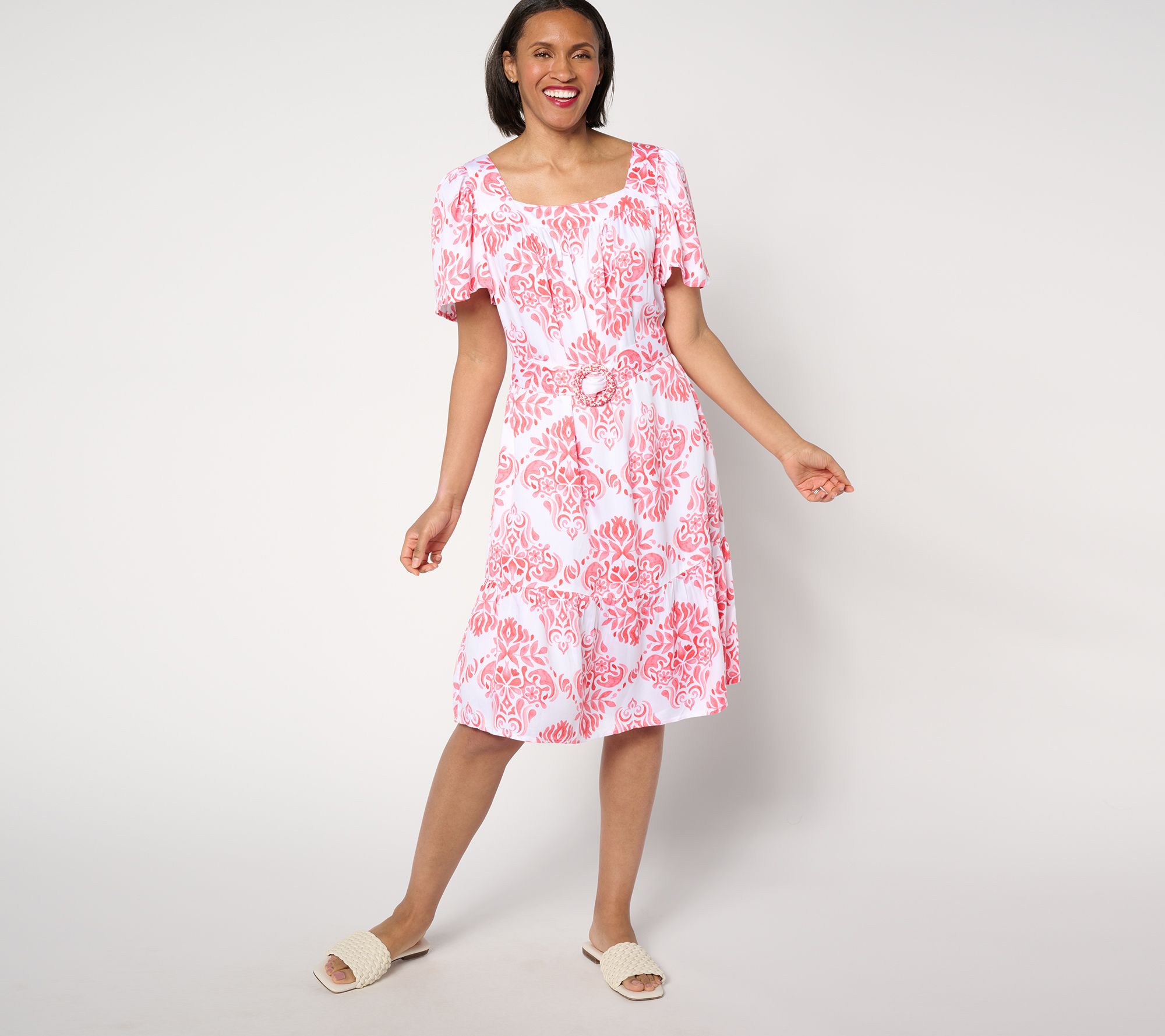 "As Is" Destination 365 Petite Printed Flutter Sleeve Self Belt Dress