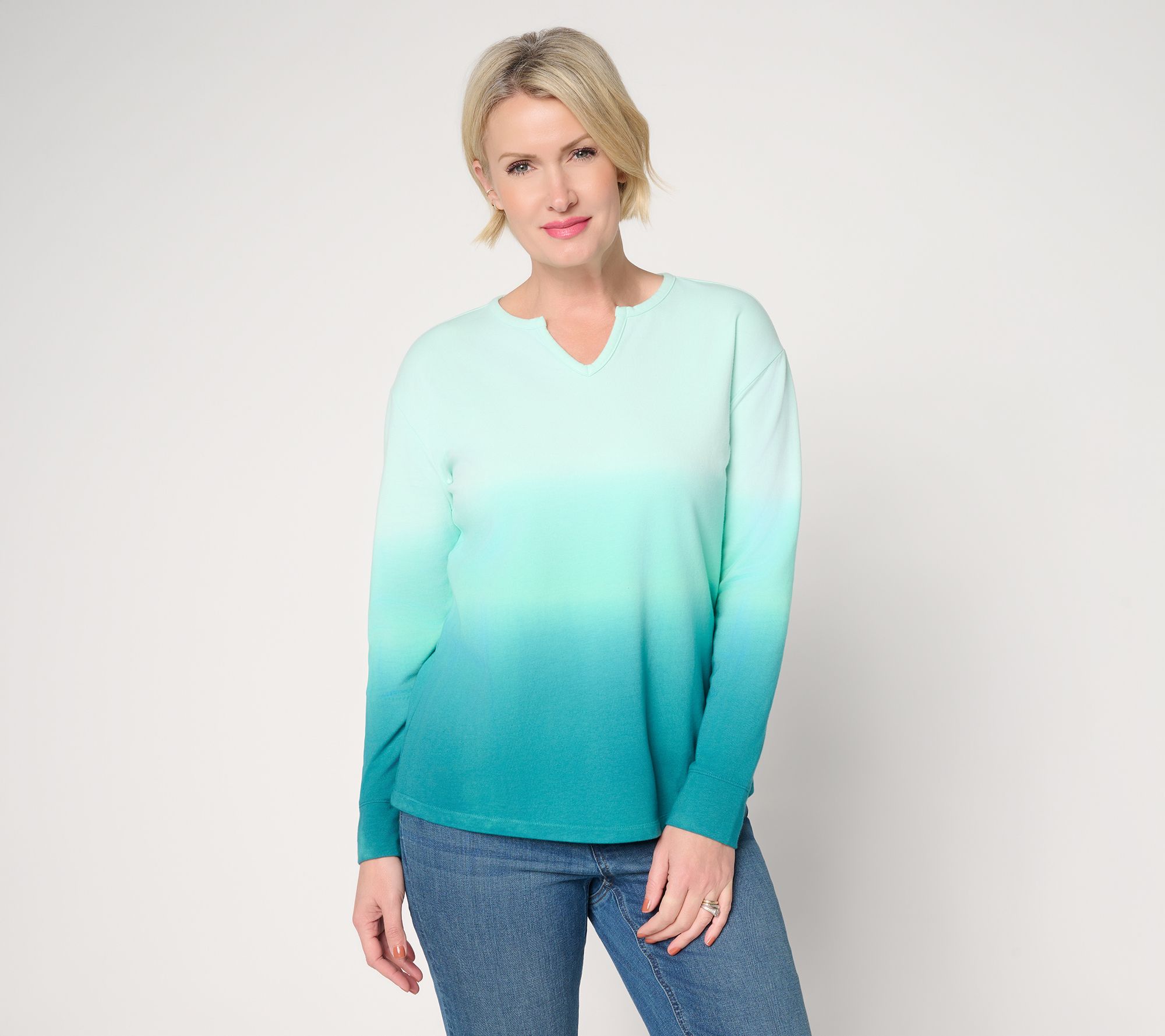 Denim & Co. French Terry Dip Dye Long Sleeve Pullover