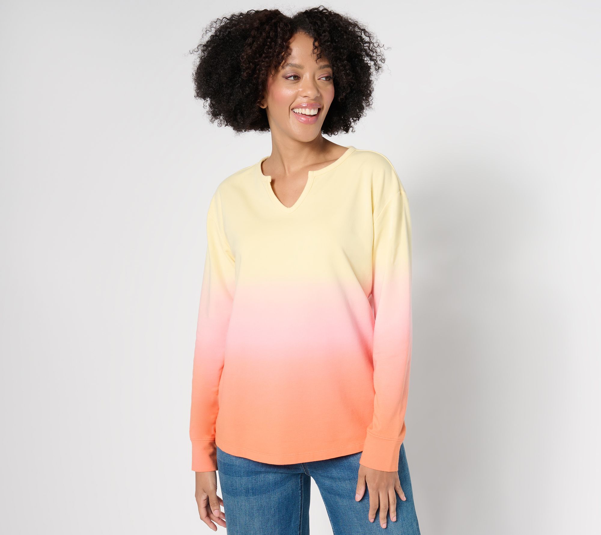 Denim & Co. French Terry Dip Dye Long Sleeve Pullover
