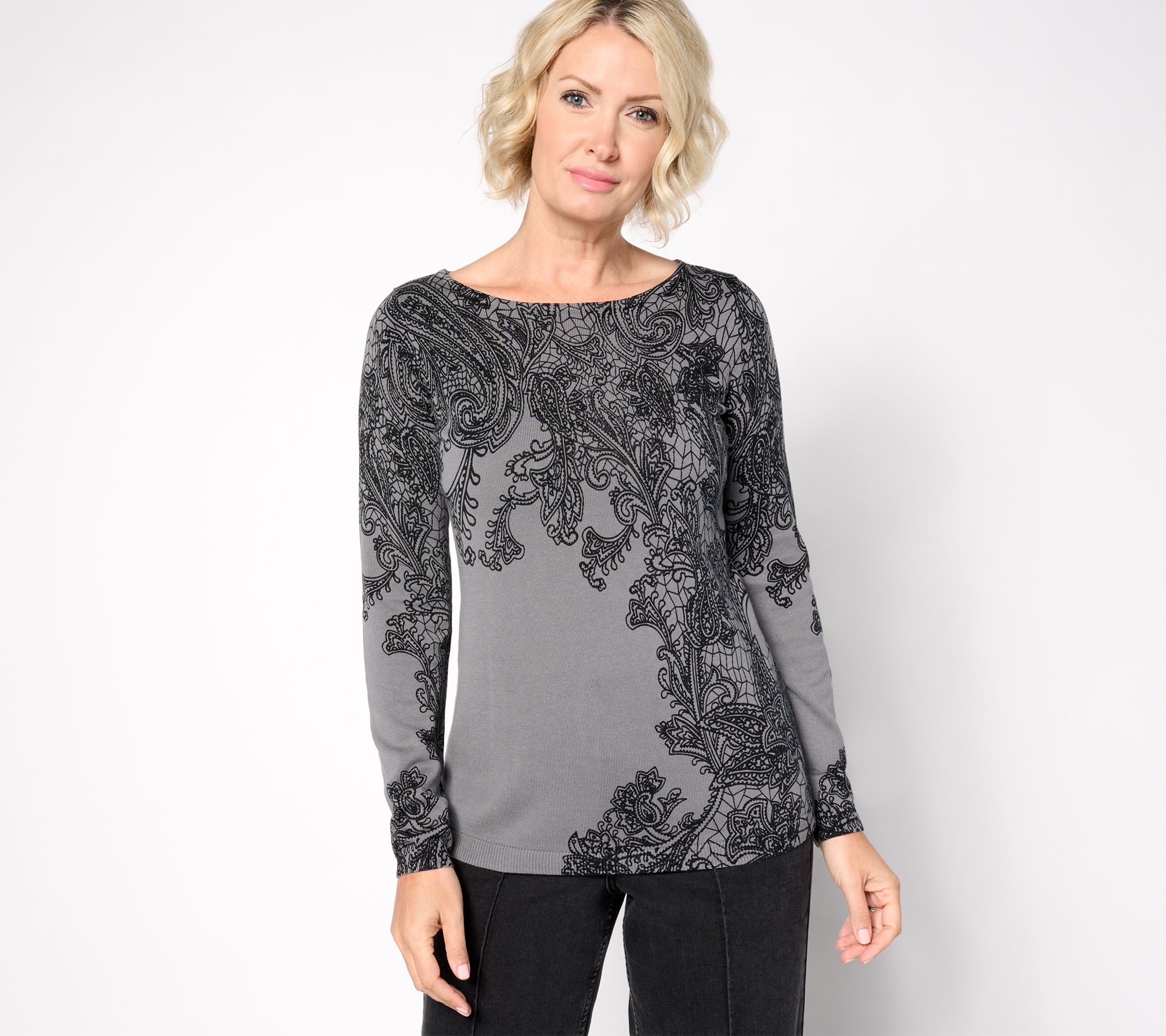 "As Is" Susan Graver Printed Fine Gauge Sweater with Bateau Neck