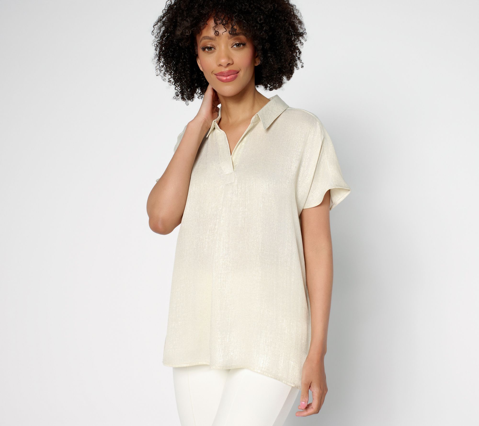 Susan Graver Petite Foiled Woven Pullover Henley Top