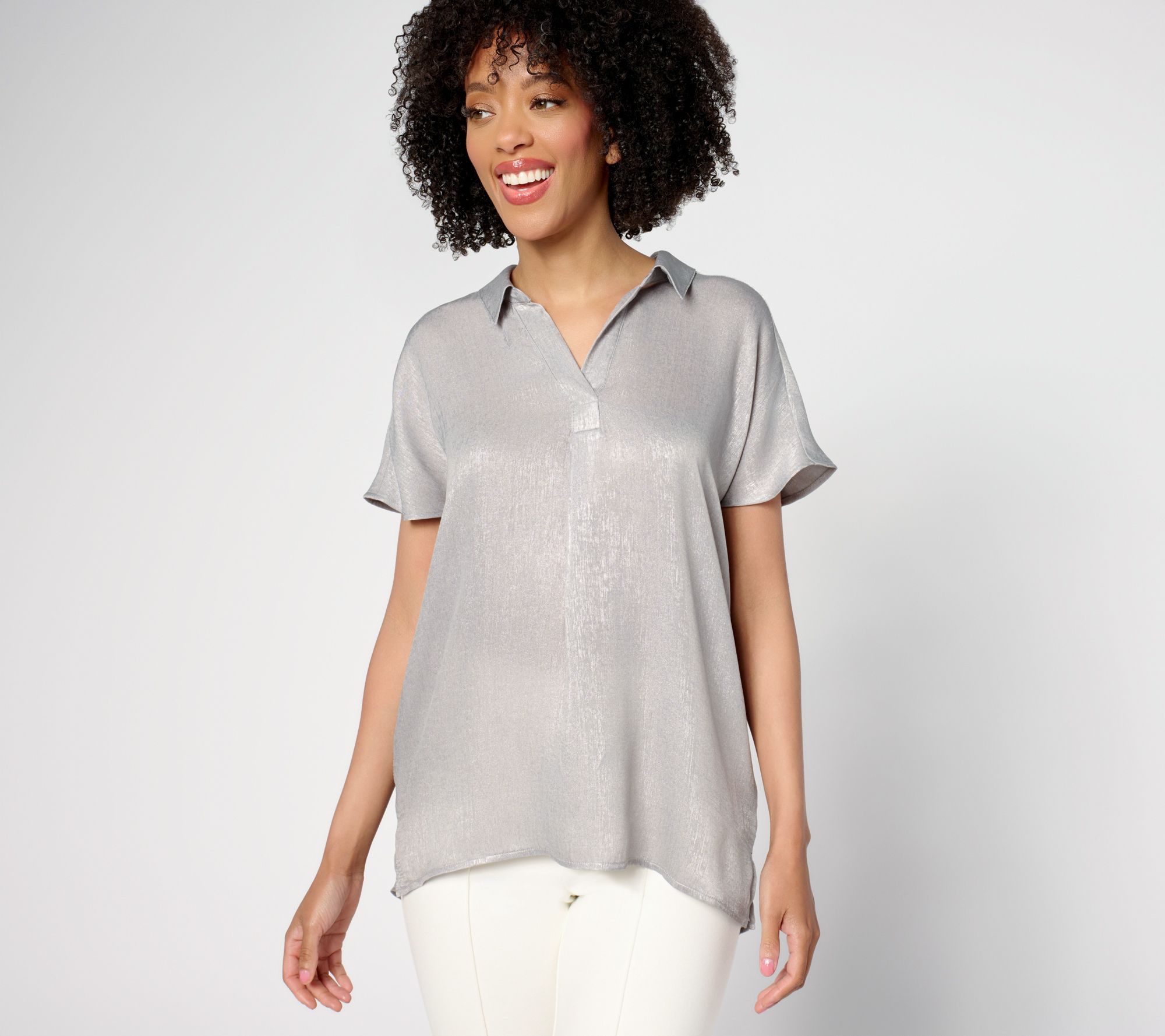 Susan Graver Petite Foiled Woven Pullover Henley Top