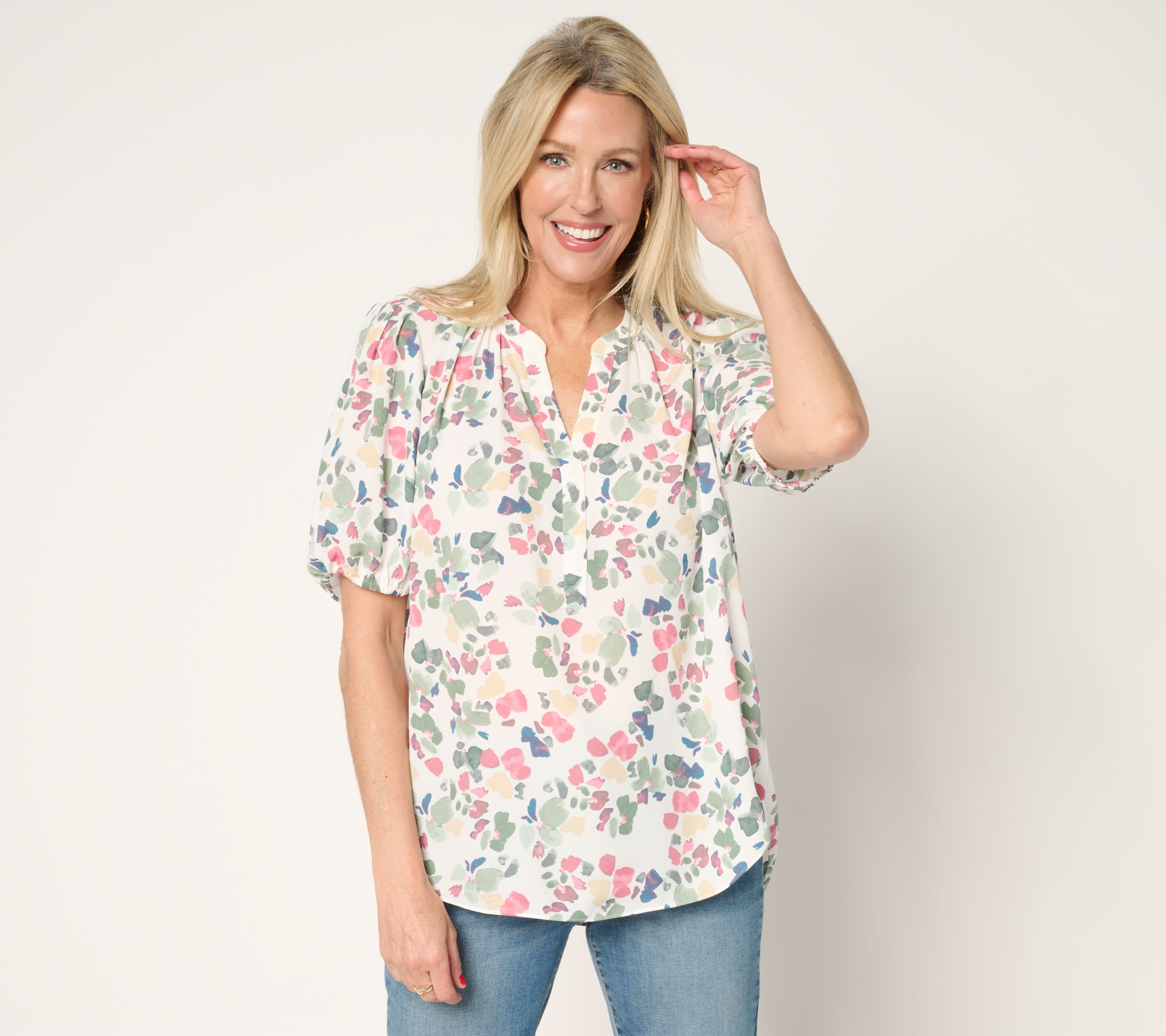 NYDJ Short Puff Sleeve Popover Blouse - QVC.com