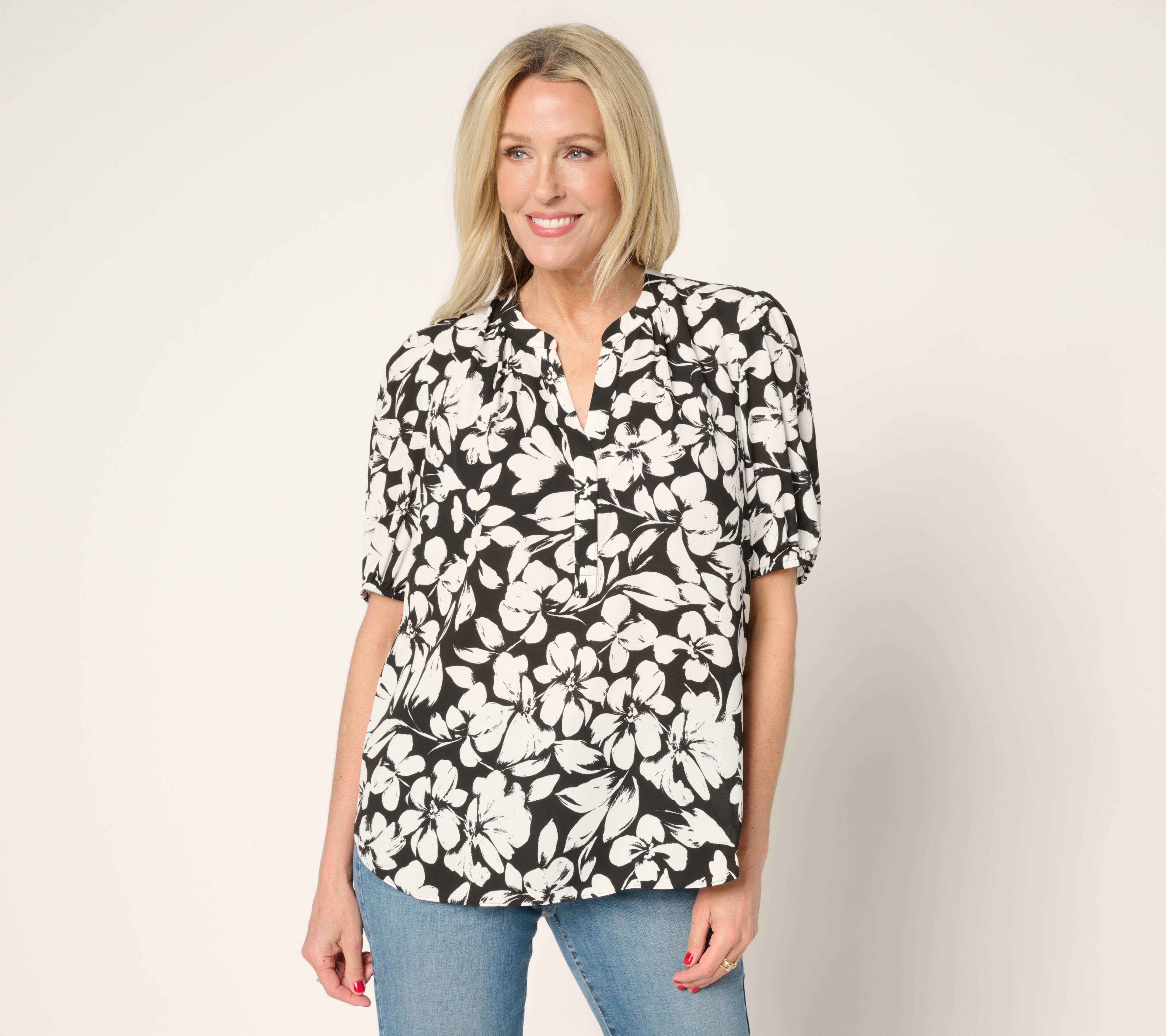NYDJ Short Puff Sleeve Popover Blouse