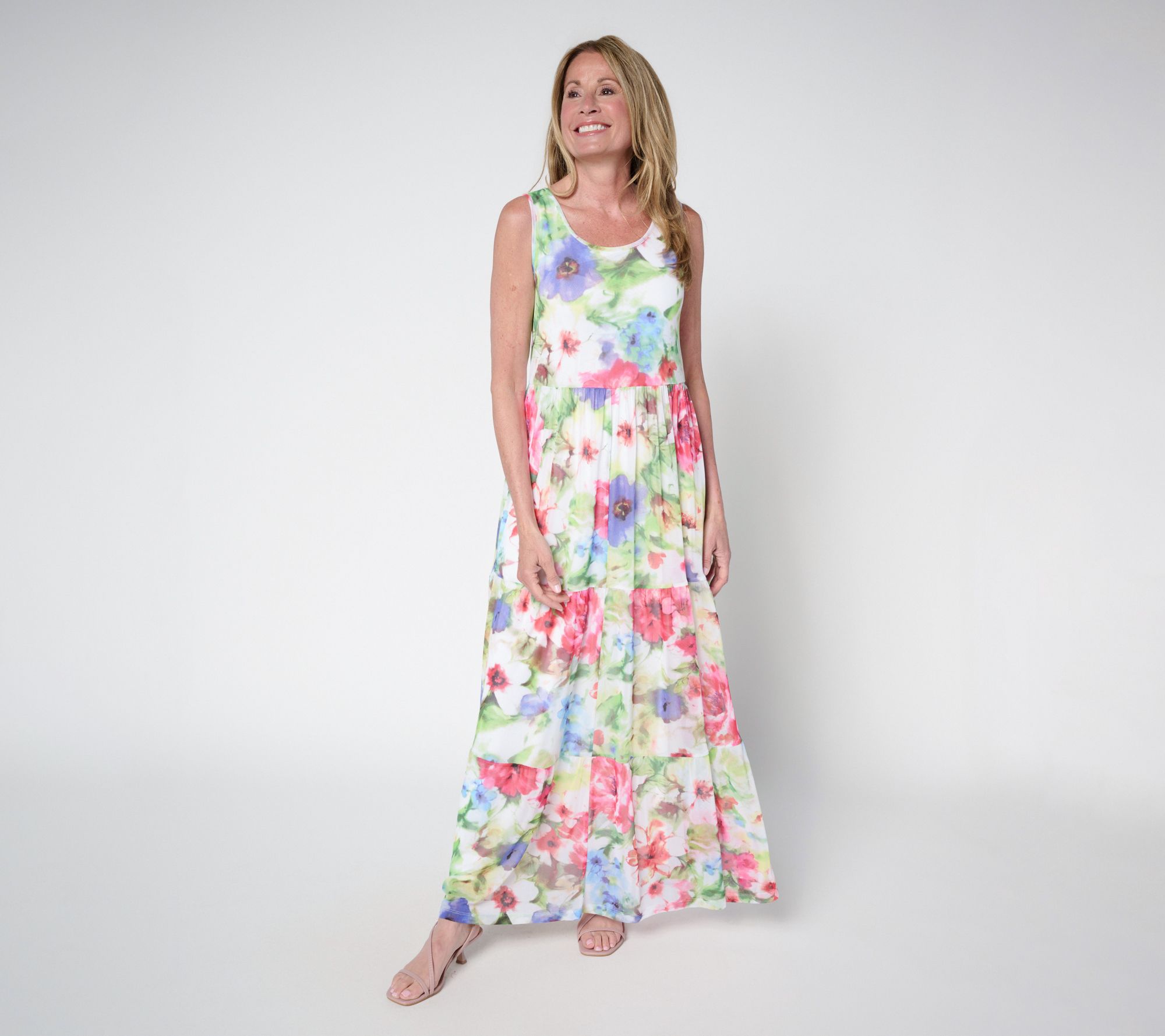 Susan Graver Regular Printed Mesh Tiered Sleeveless Dress