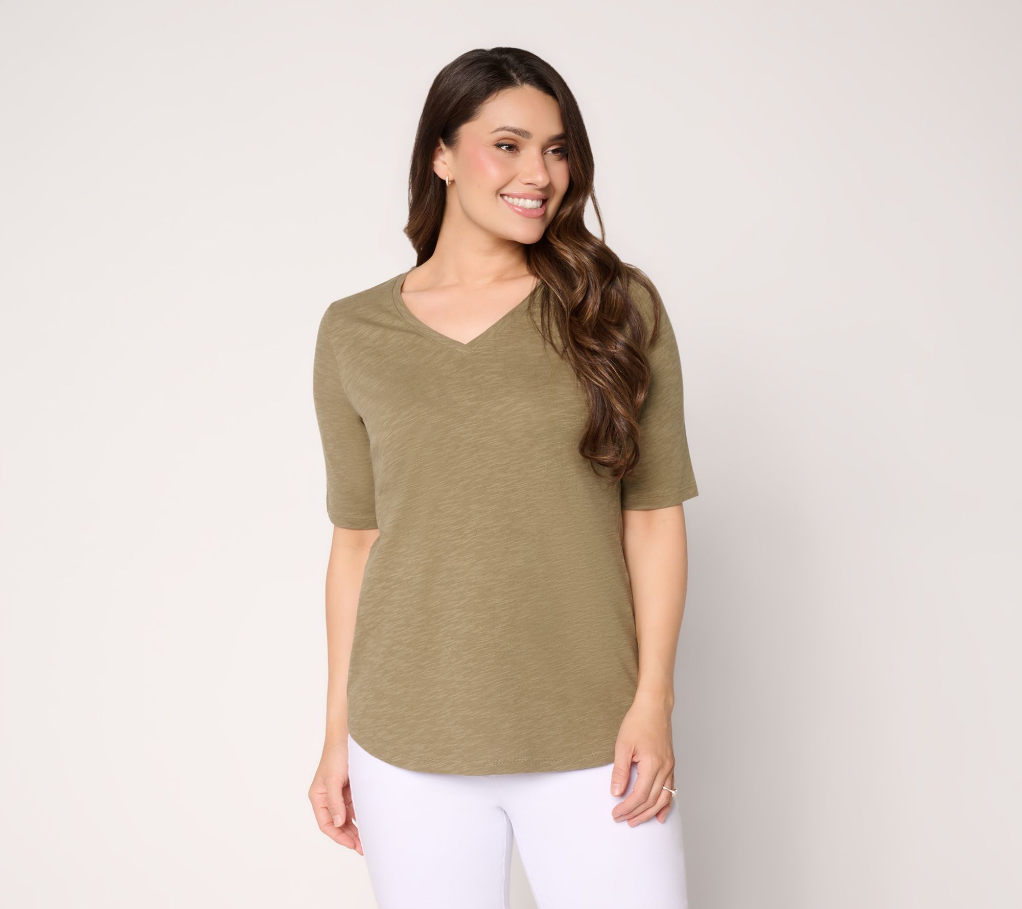 Denim & Co. Essentials Slub Jersey Elbow Sleeve V-Neck Top