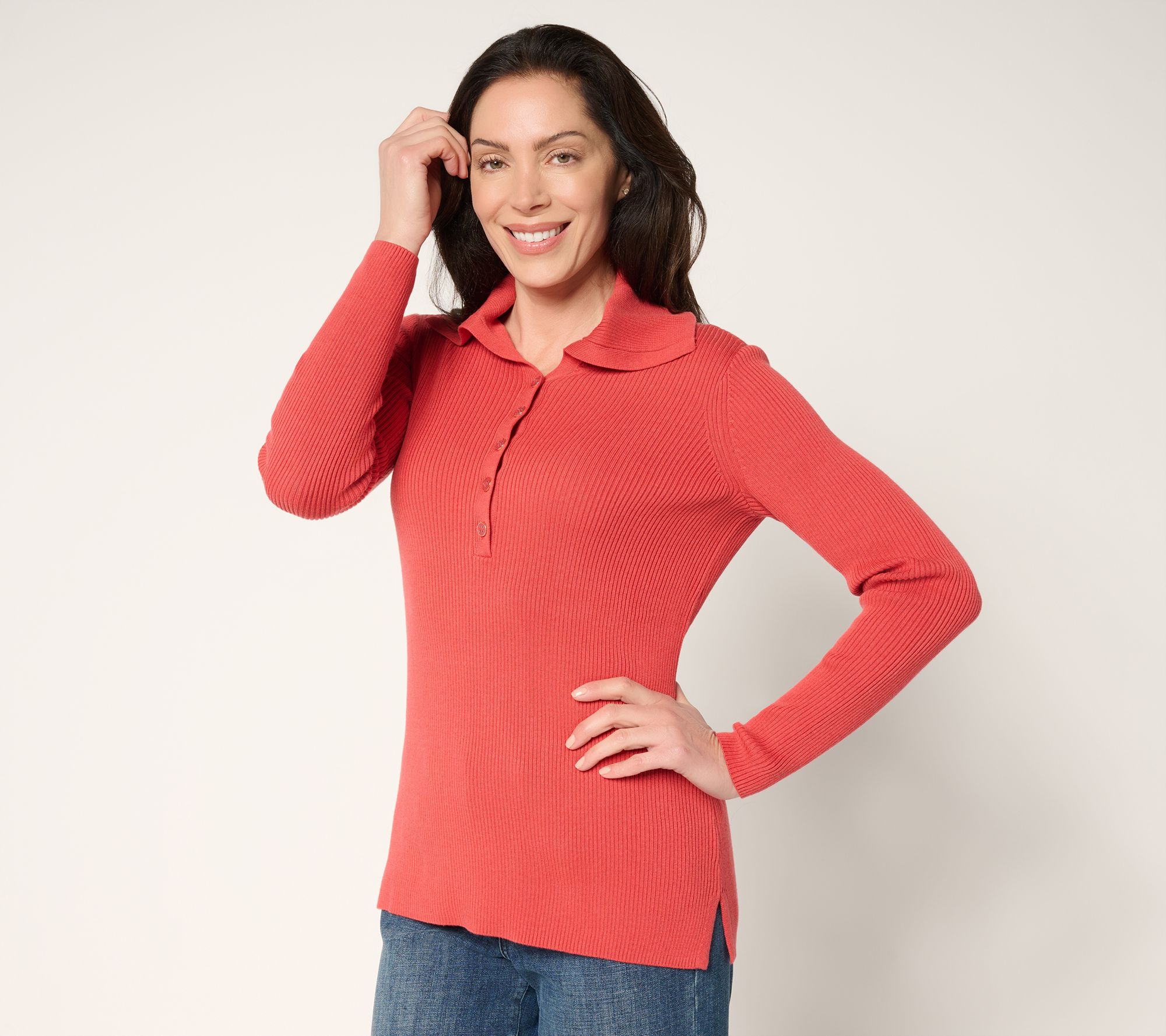 Belle by Kim Gravel Enamel Button Ribbed Henley Sweater