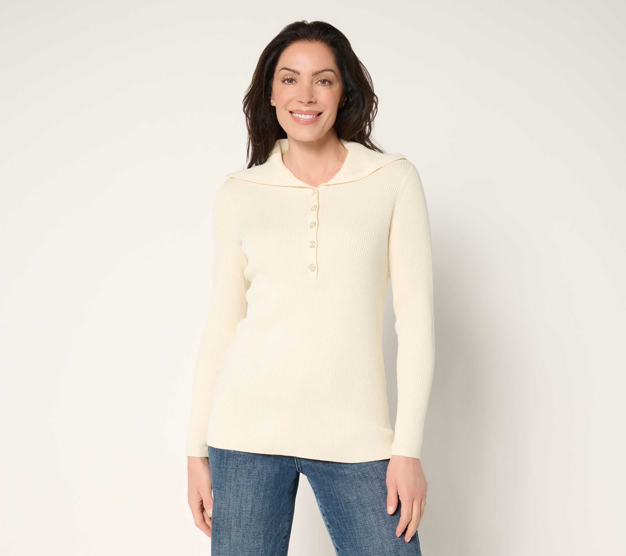 Belle by Kim Gravel Enamel Button Ribbed Henley Sweater