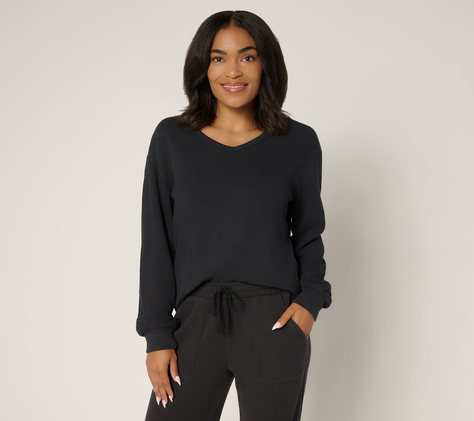 AnyBody Washed Waffle Knit Drop Shoulder V-Neck Top