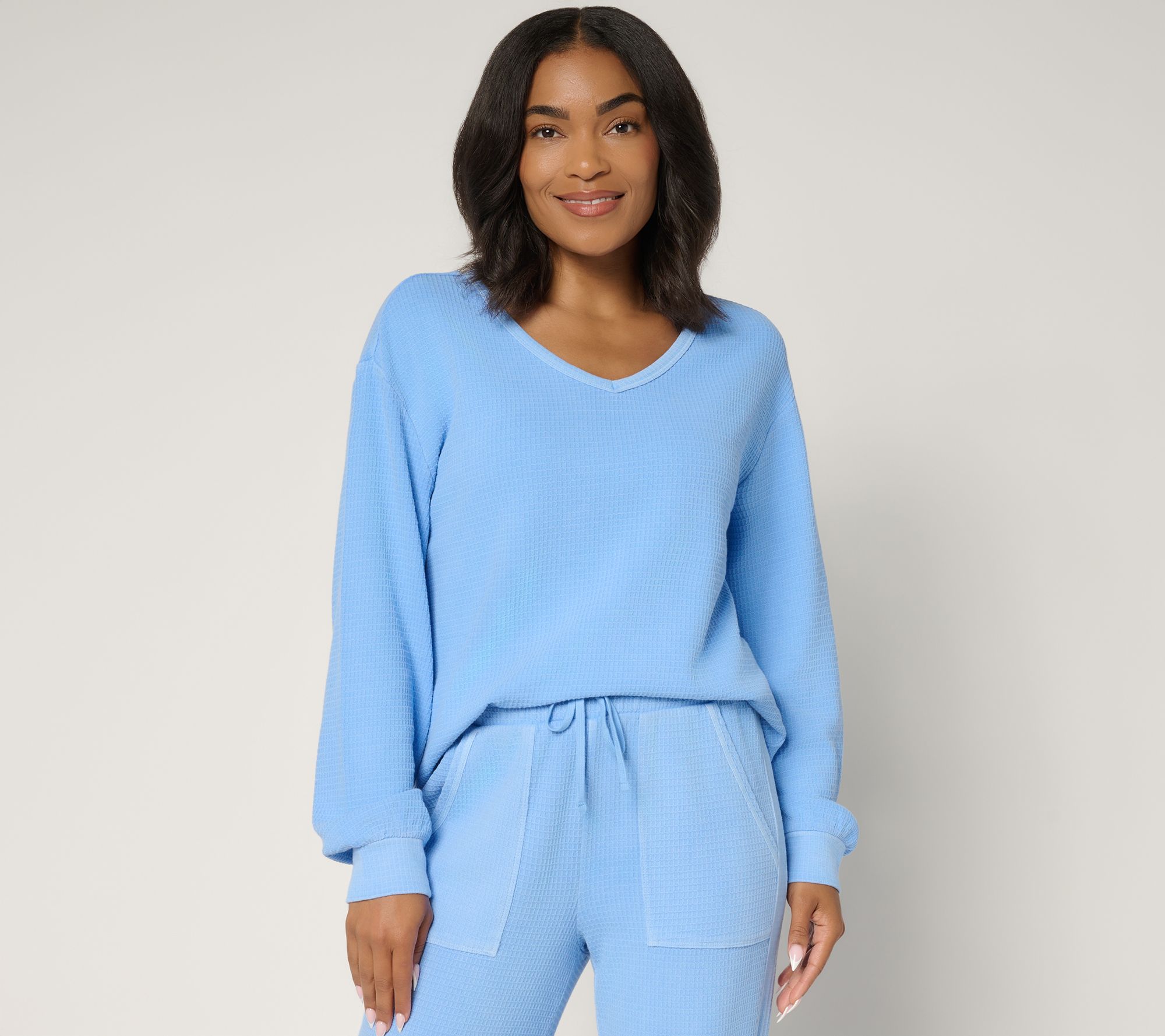 AnyBody Washed Waffle Knit Drop Shoulder V-Neck Top