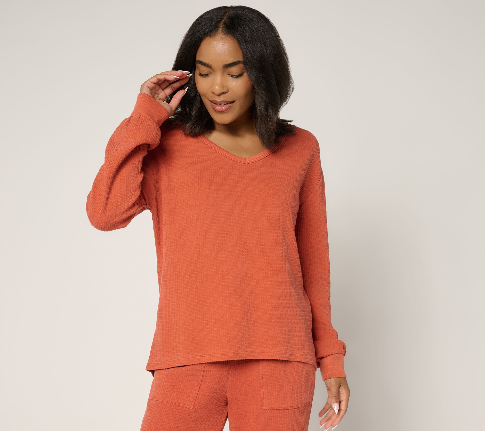 AnyBody Washed Waffle Knit Drop Shoulder V-Neck Top