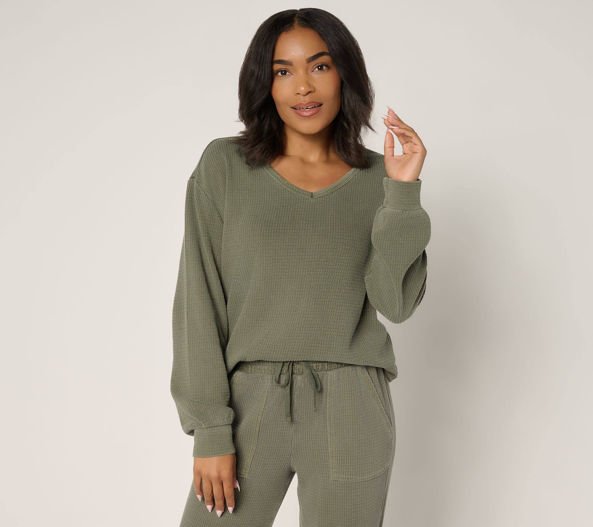 AnyBody Washed Waffle Knit Drop Shoulder V-Neck Top