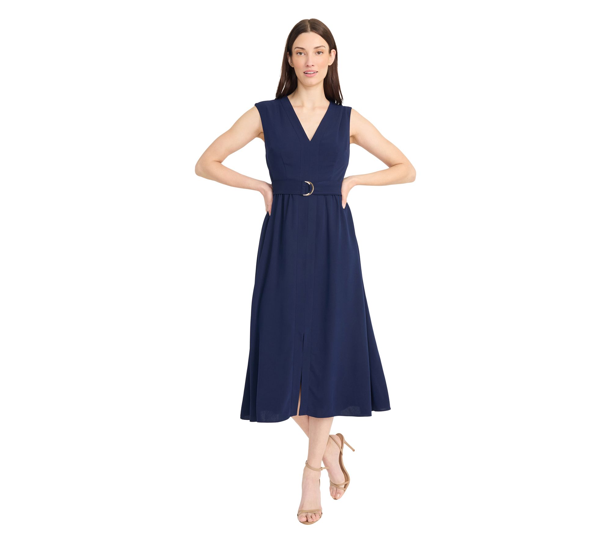 Maggy London V-Neck Sleeveless Belted Midi Dress