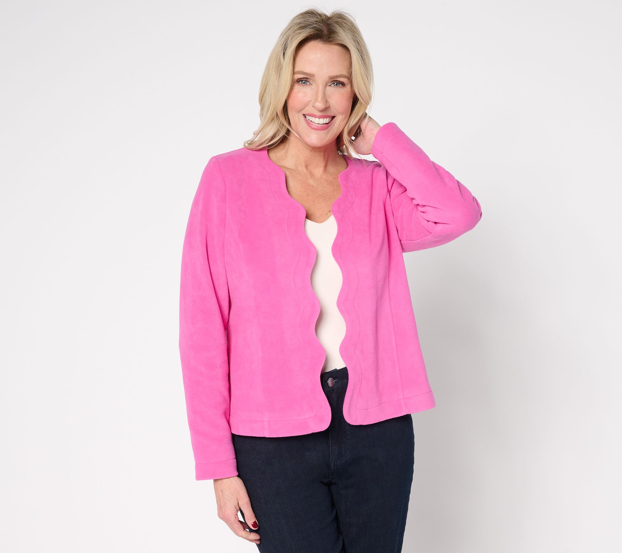 "As Is" Susan Graver Spring Fleece Open Front Jacket w/ Scallop Edges