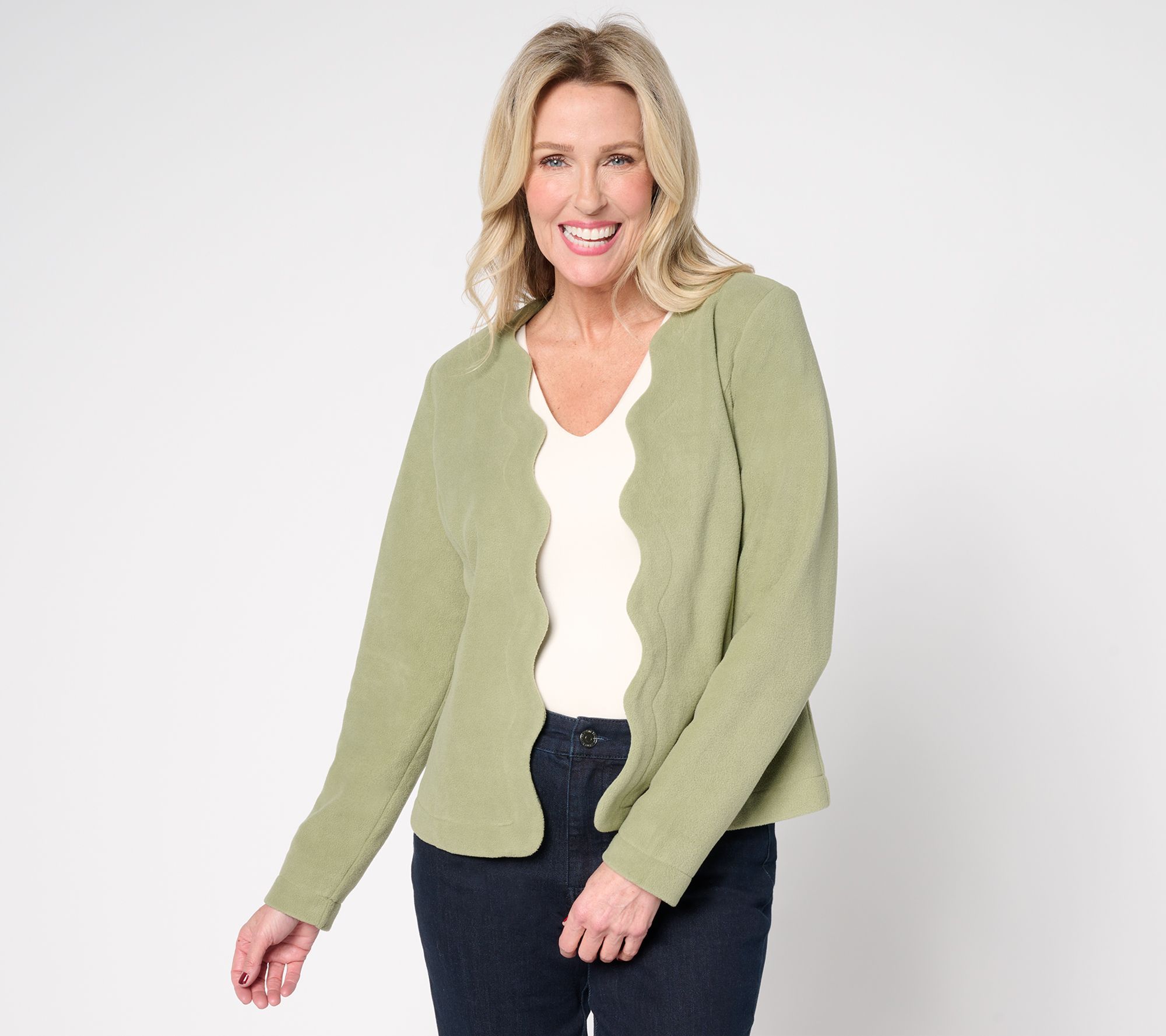 "As Is" Susan Graver Spring Fleece Open Front Jacket w/ Scallop Edges