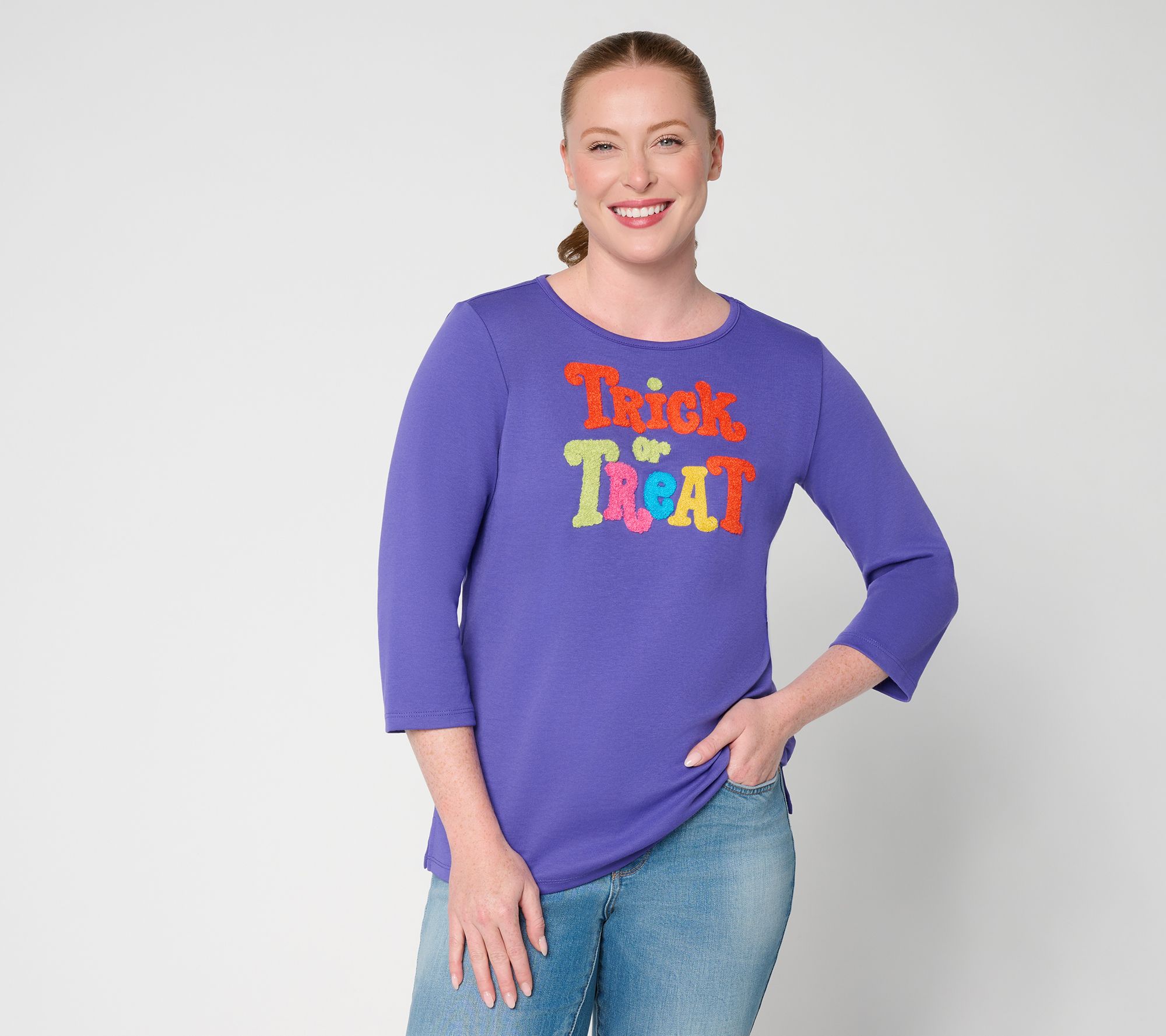 Quacker Factory Spooky Season Punch Needle 3/4-Sleeve Top