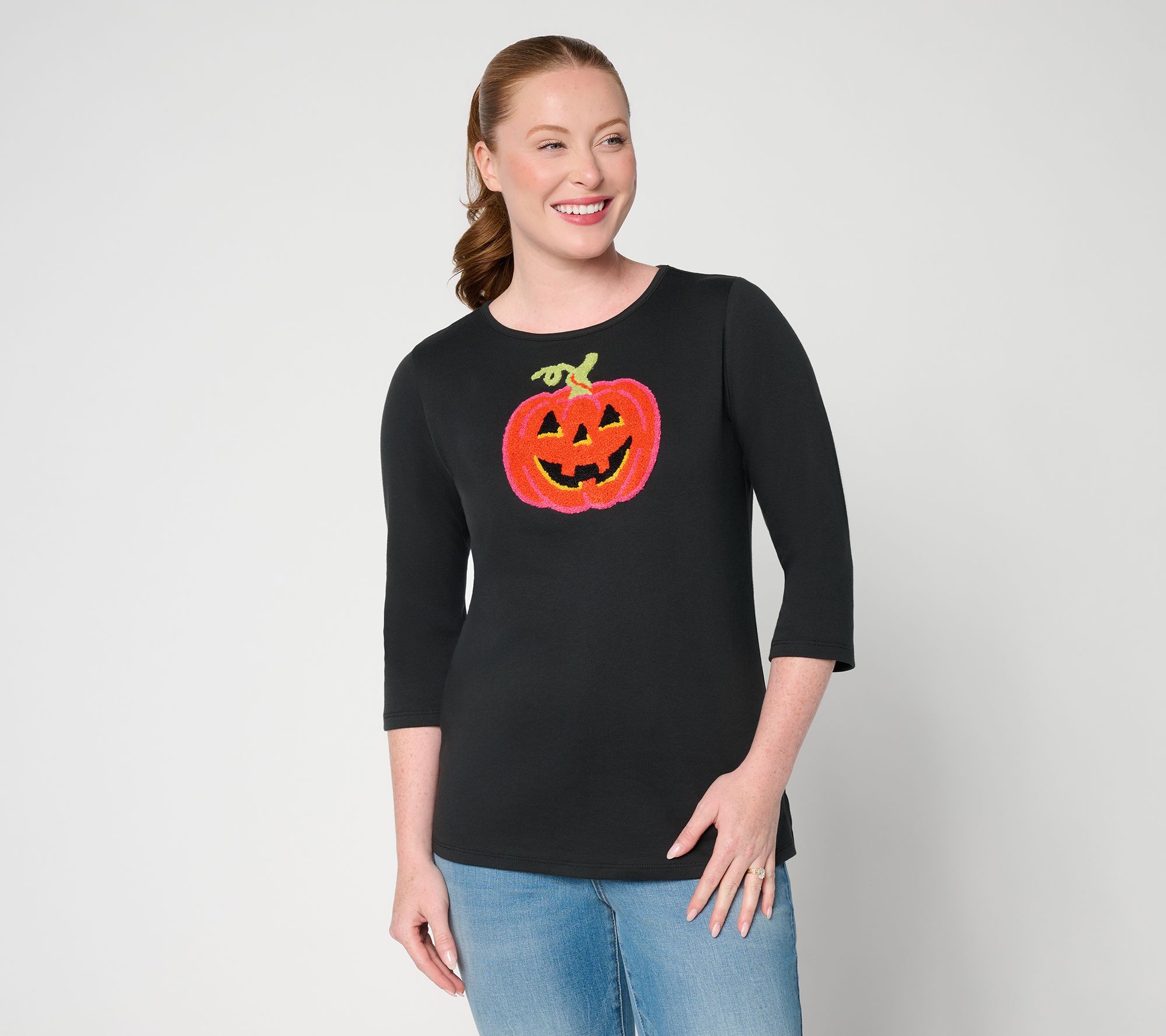 Quacker Factory Spooky Season Punch Needle 3/4 Sleeve Top