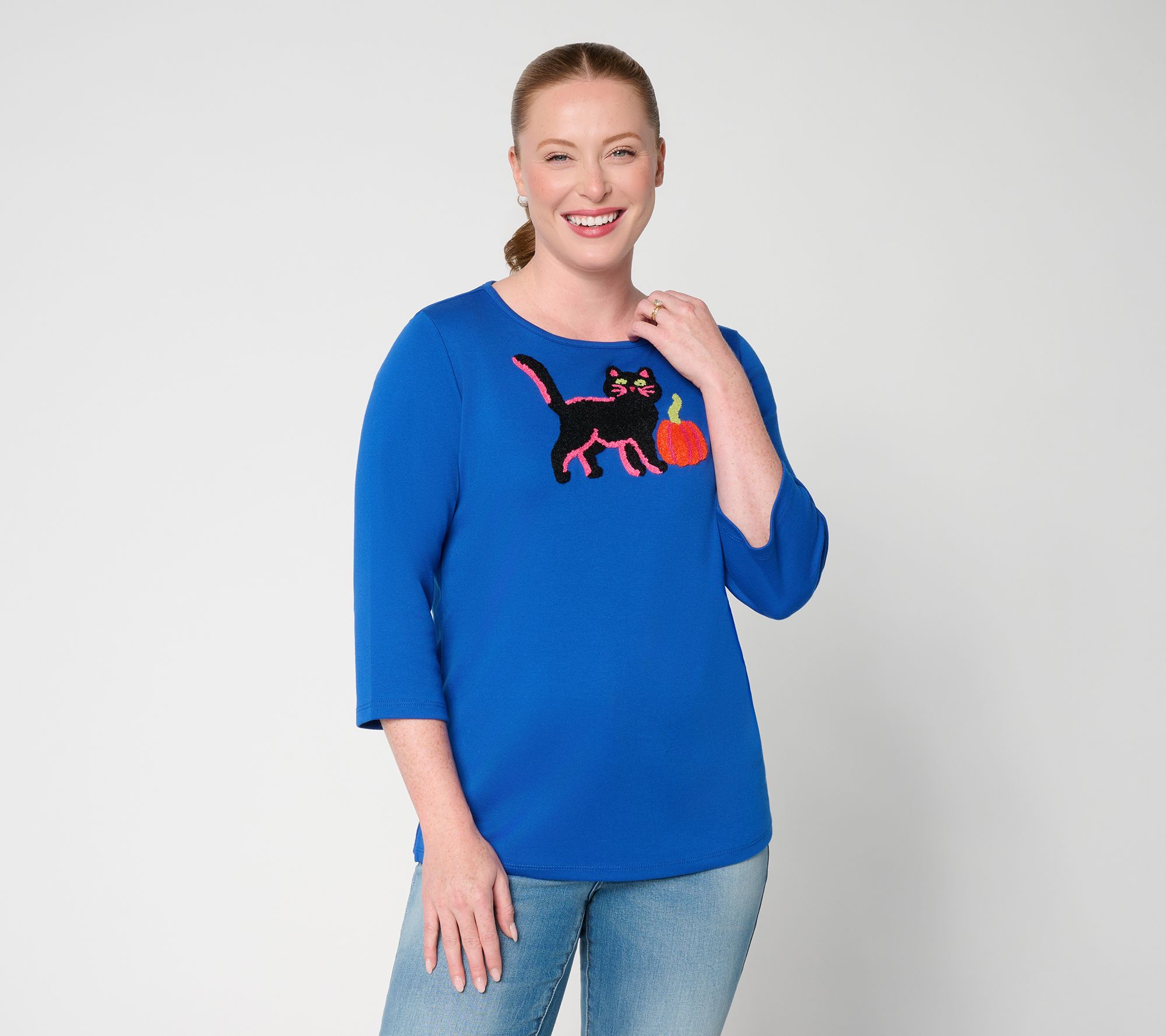 Quacker Factory Spooky Season Punch Needle 3/4 Sleeve Top