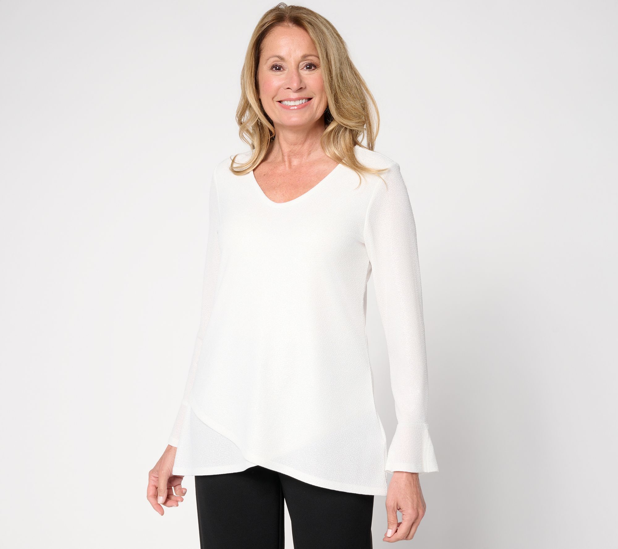 Susan Graver Petite Metallic Knit Top with Ruffle Sleeves