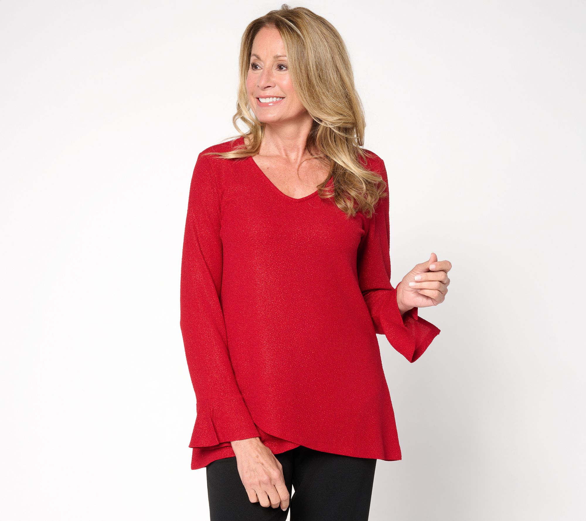 Susan Graver Petite Metallic Knit Top with Ruffle Sleeves