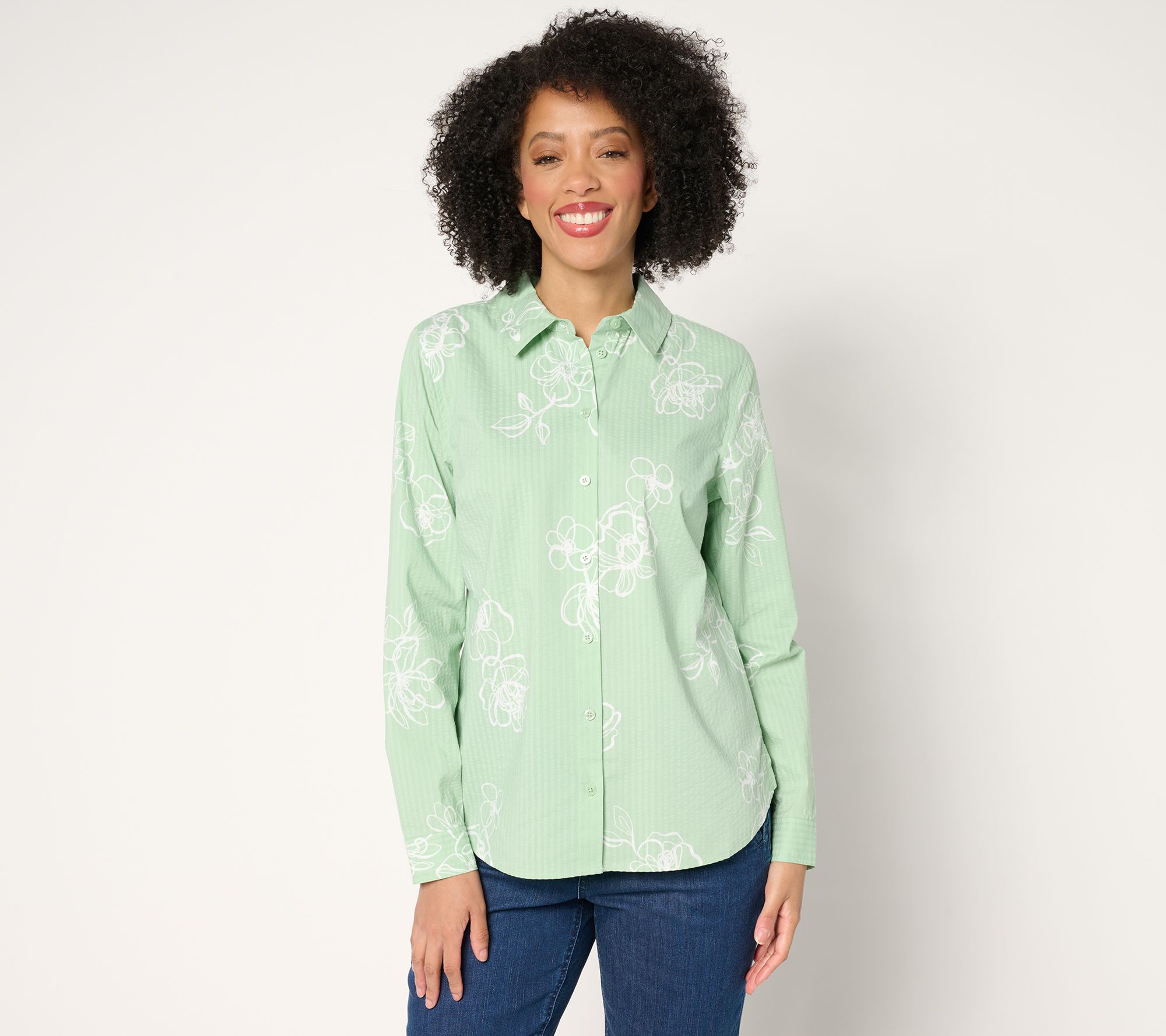 "As Is" Joan Rivers Stretch Cotton Seersucker Floral Shirt