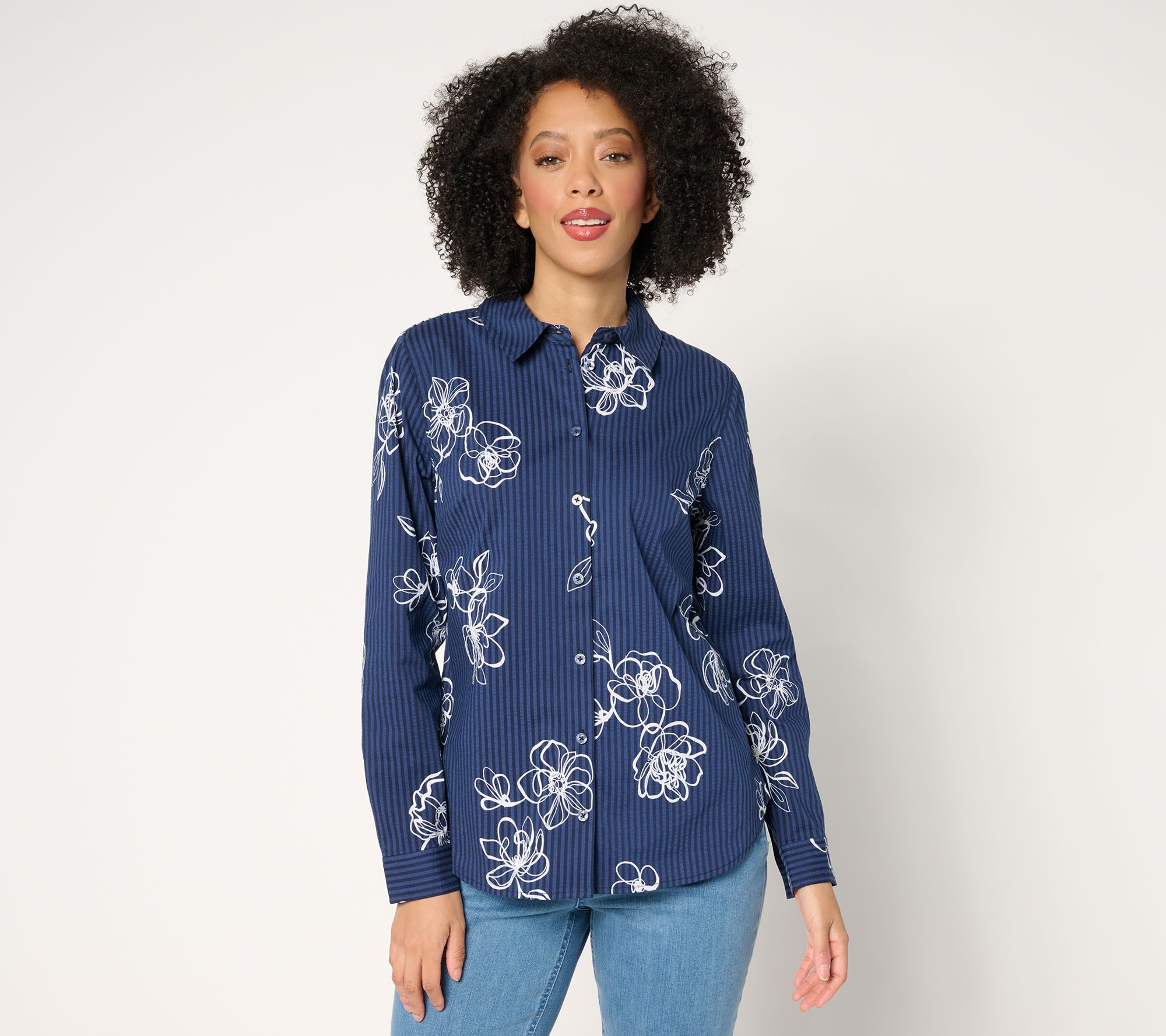 "As Is" Joan Rivers Stretch Cotton Seersucker Floral Shirt