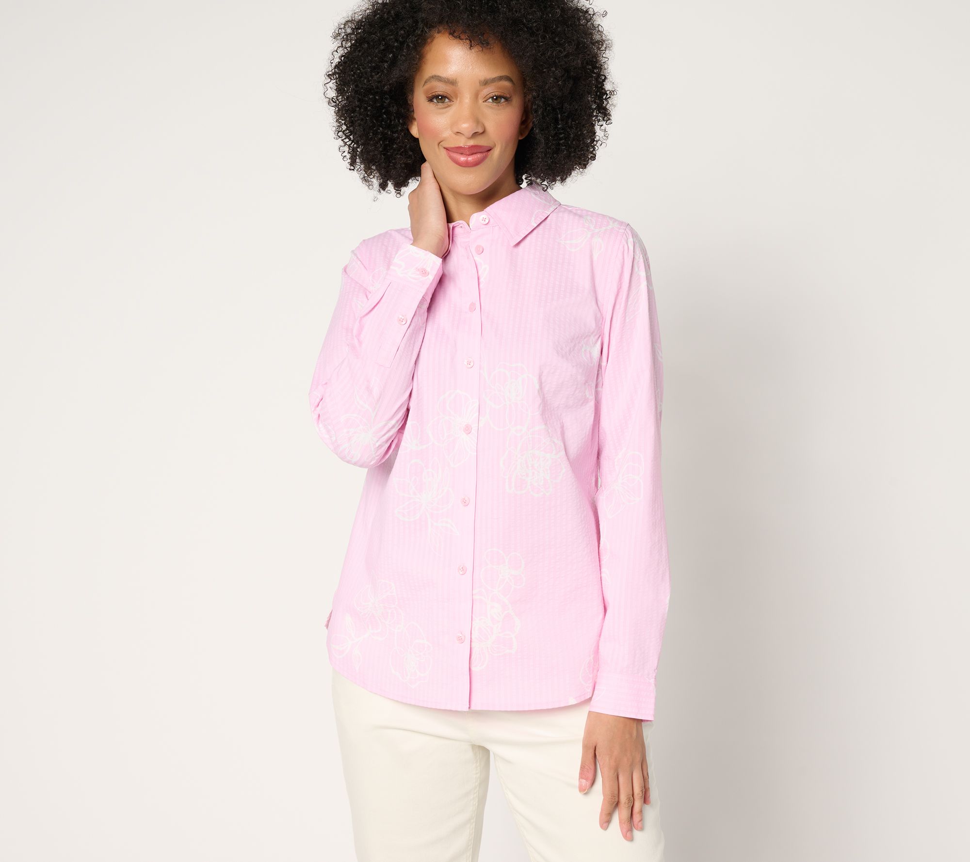 "As Is" Joan Rivers Stretch Cotton Seersucker Floral Shirt