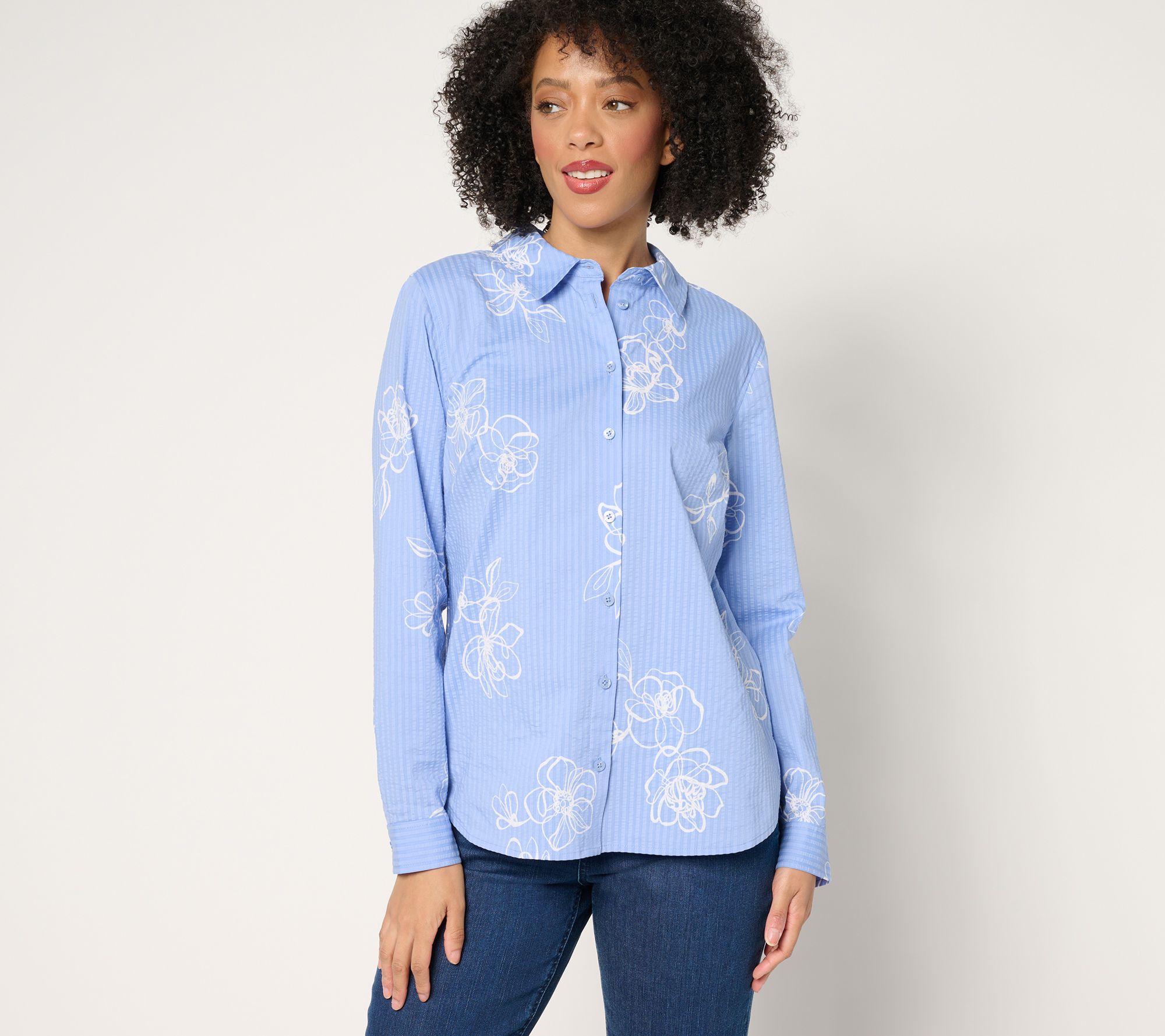 "As Is" Joan Rivers Stretch Cotton Seersucker Floral Shirt