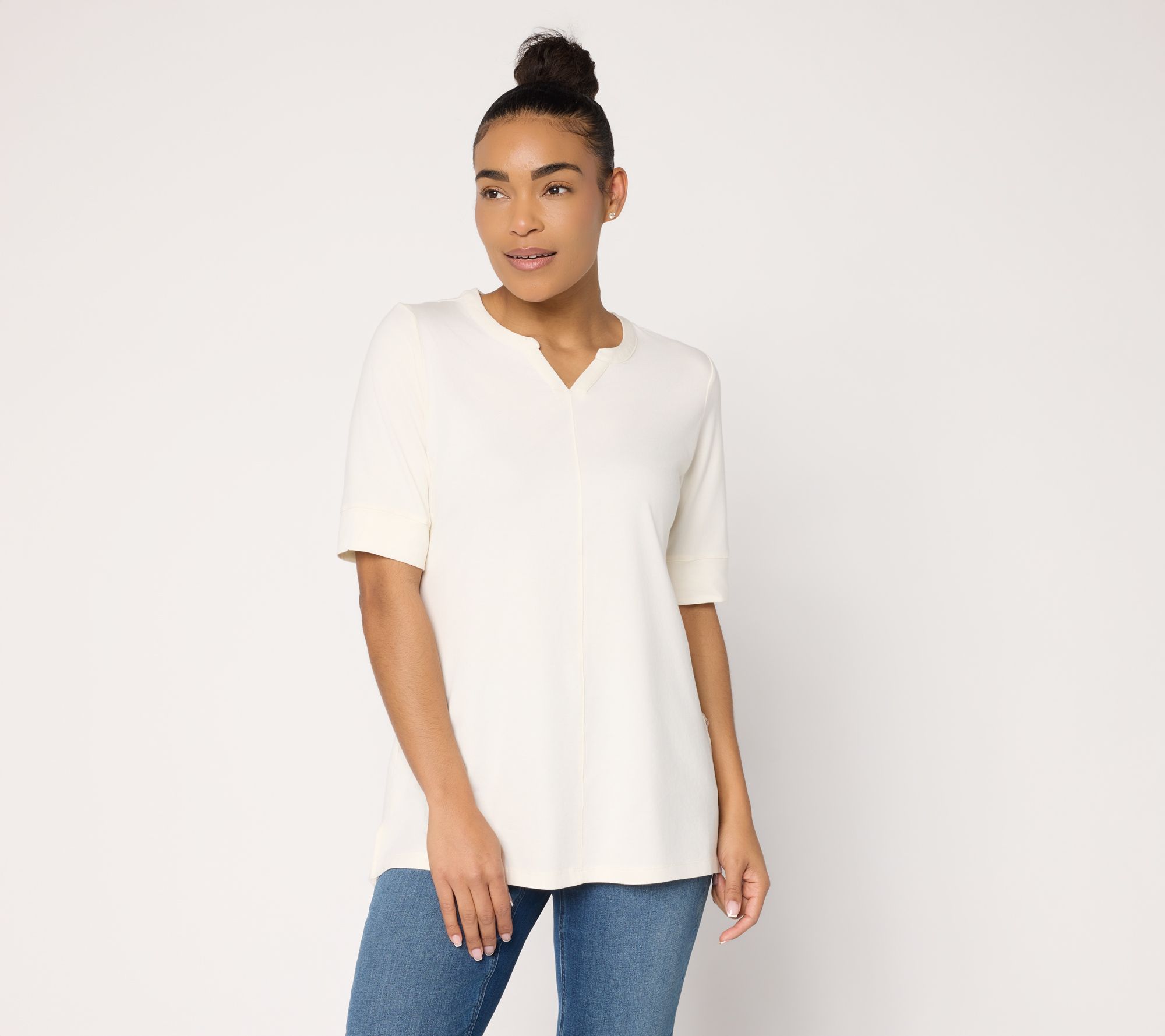 Denim & Co. Essentials Petite So Soft Jersey Split Nk Tunic