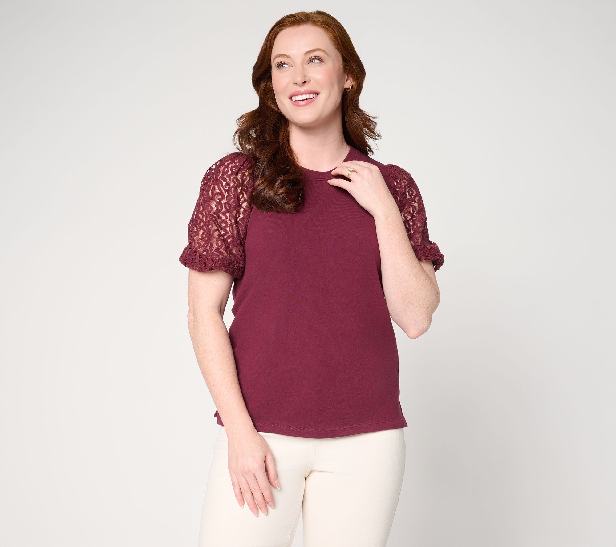 BEAUTIFUL by Lawrence Zarian Crew Neck Elbow Lace Sleeve Top