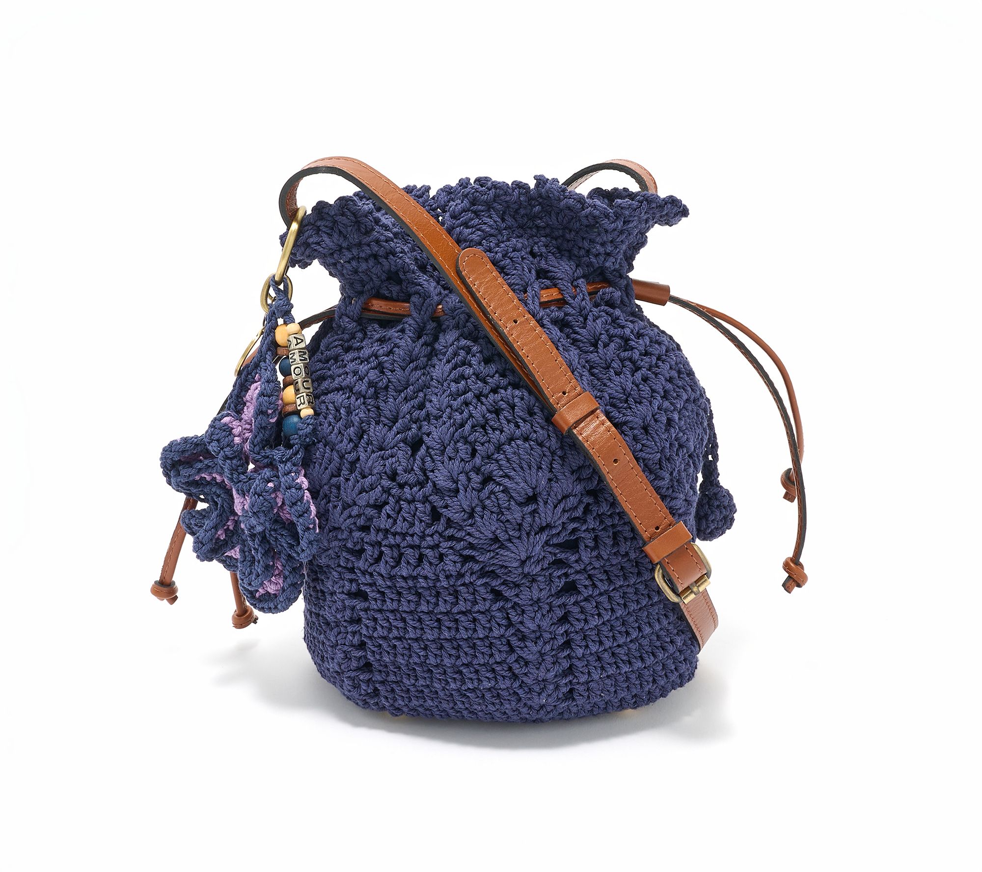 Patricia Nash Helene  Crochet Bucket Bag w/ Crochet Bag Charm