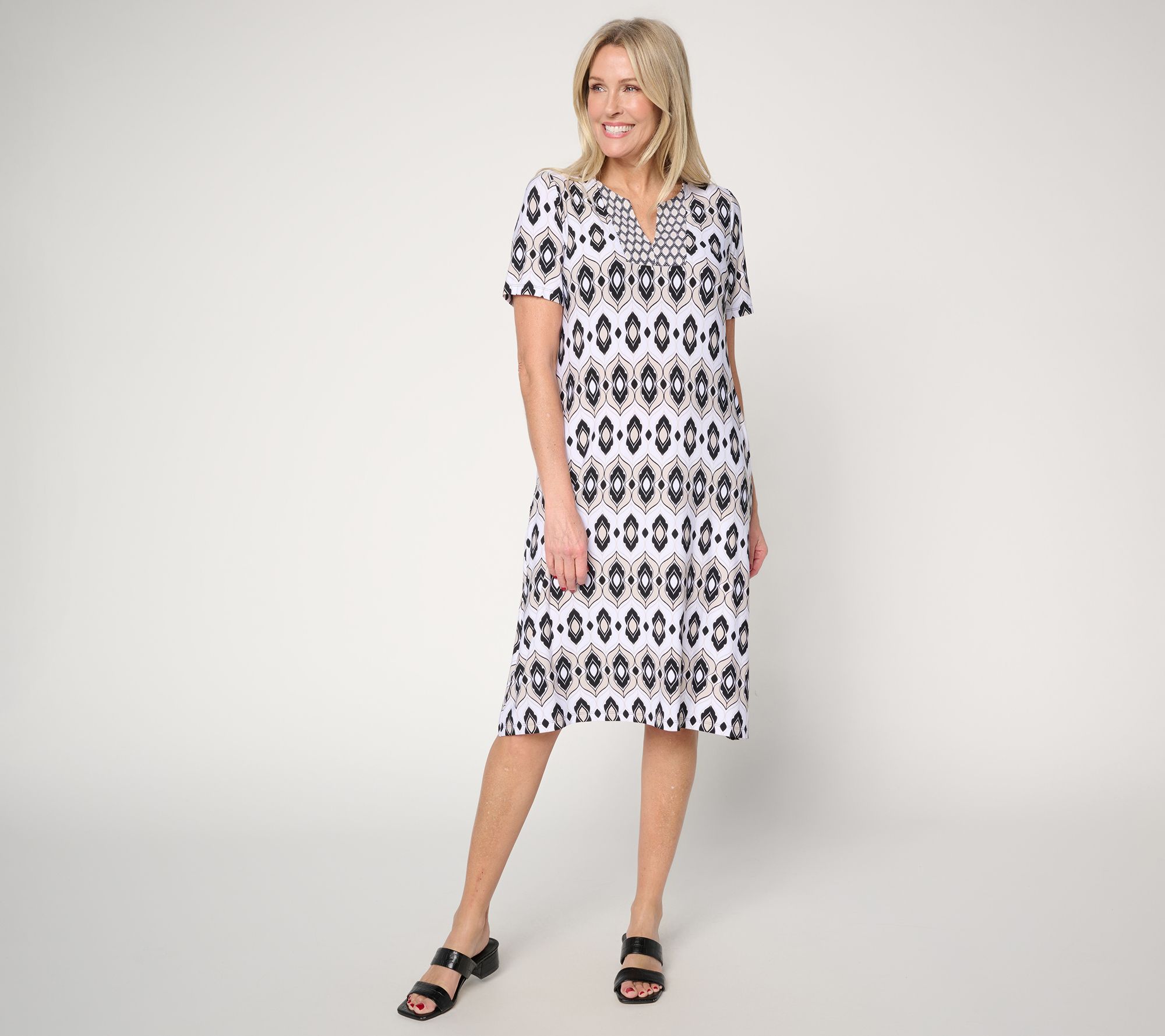 Susan Graver Petite Printed Liquid Knit Split Neck Dress
