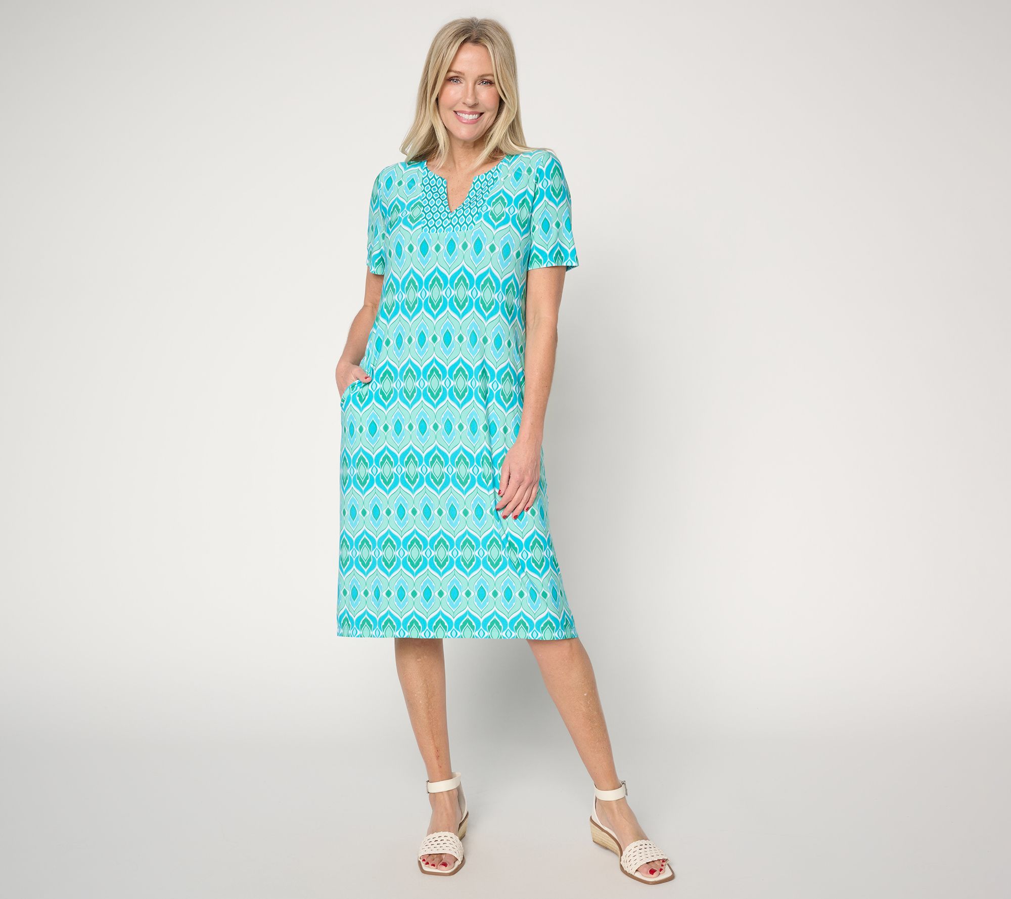 Susan Graver Petite Printed Liquid Knit Split Neck Dress