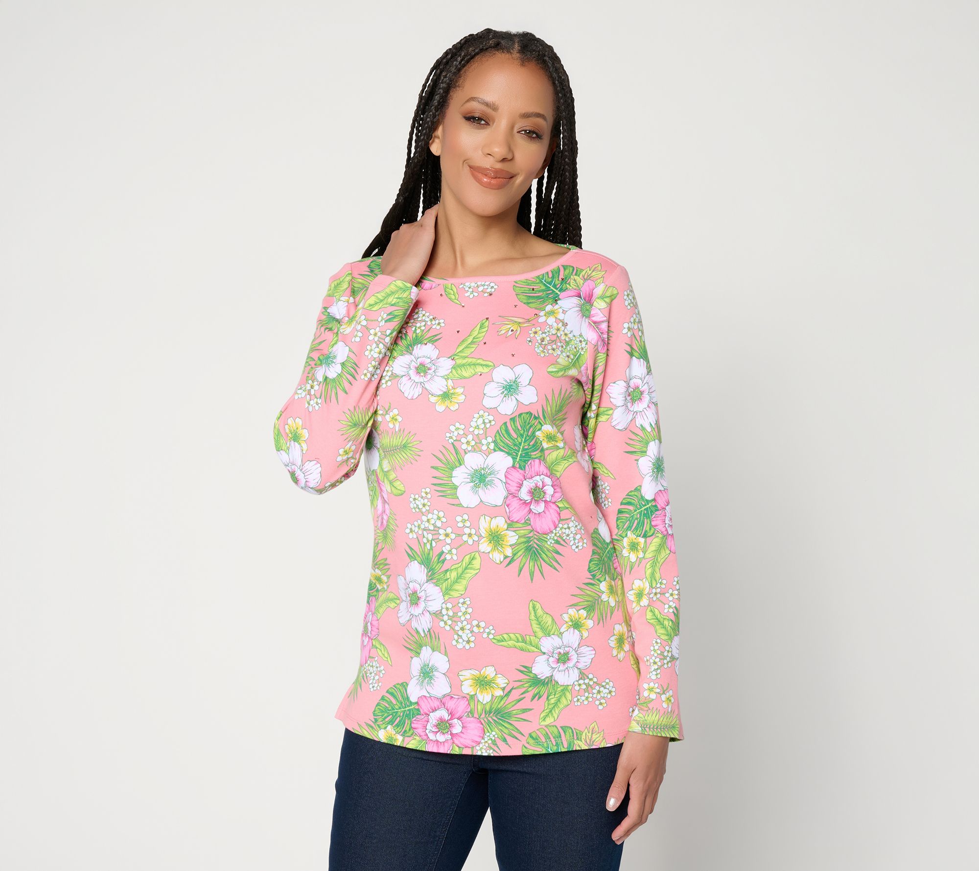  Quacker Factory Floral Embrace Printed Bateau Neckline Top