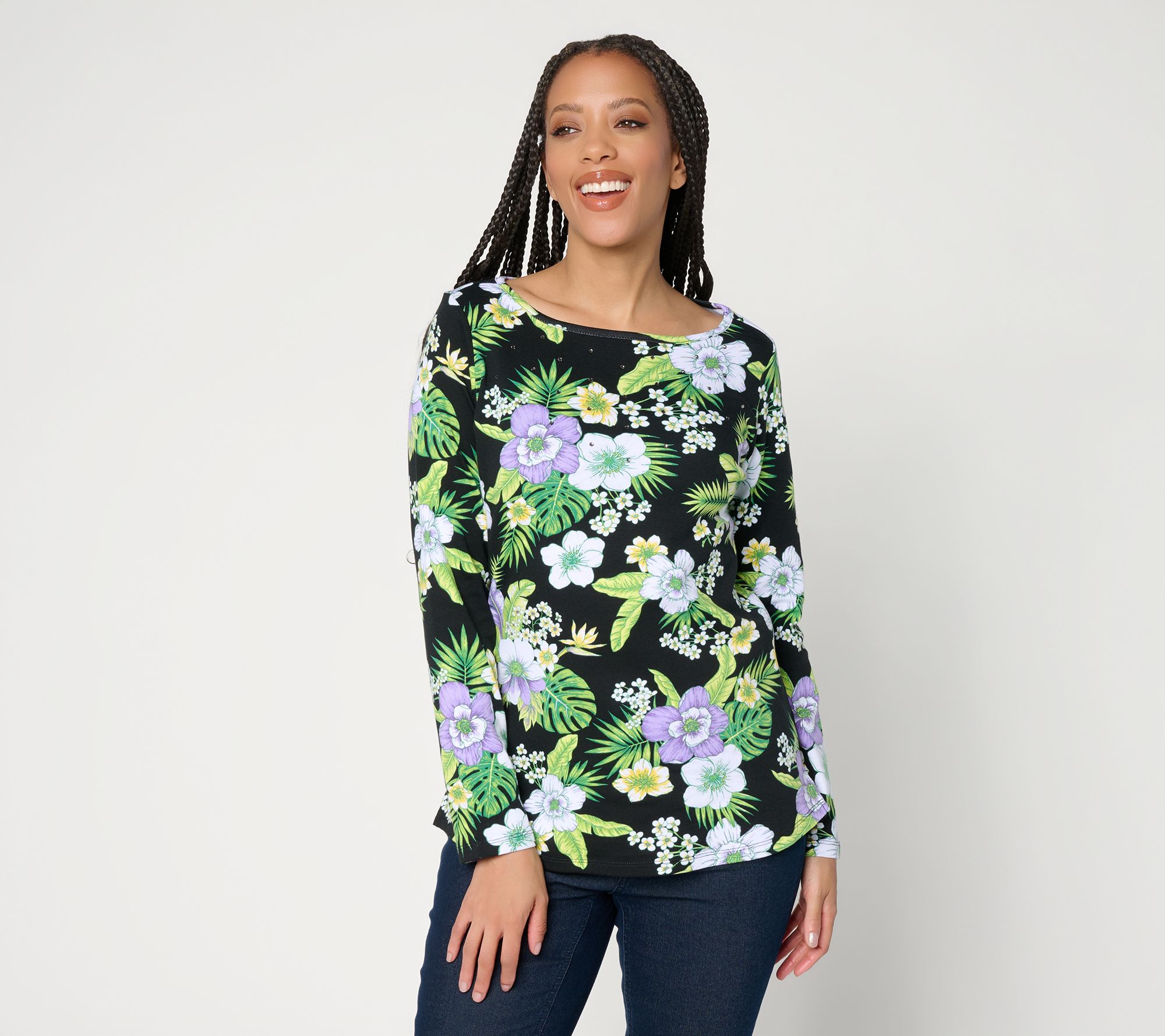 Quacker Factory Floral Embrace Printed Bateau Neckline Top