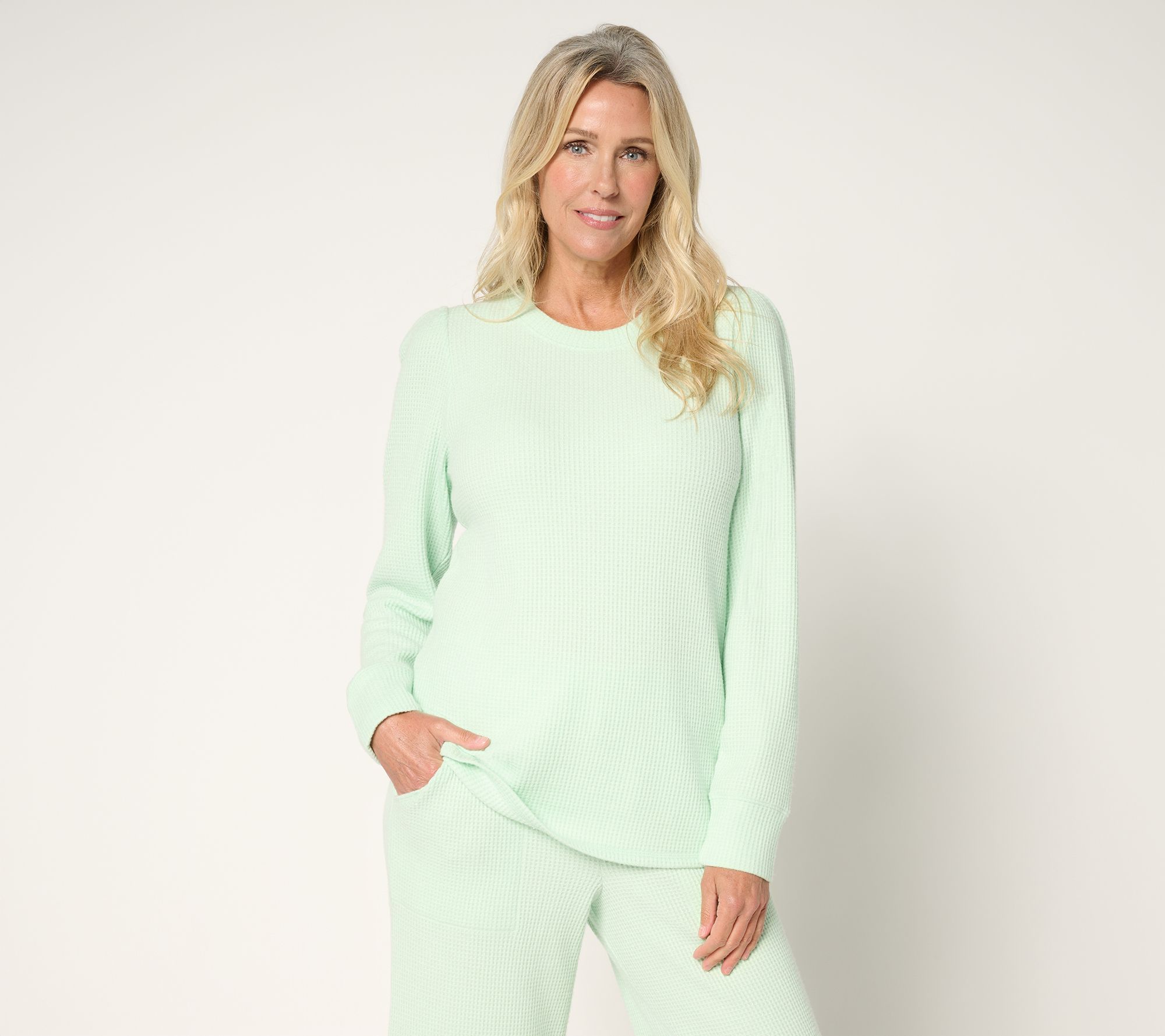 "As Is" AnyBody Brushed Waffle Knit Crew Neck Top with Tall Button Cuff