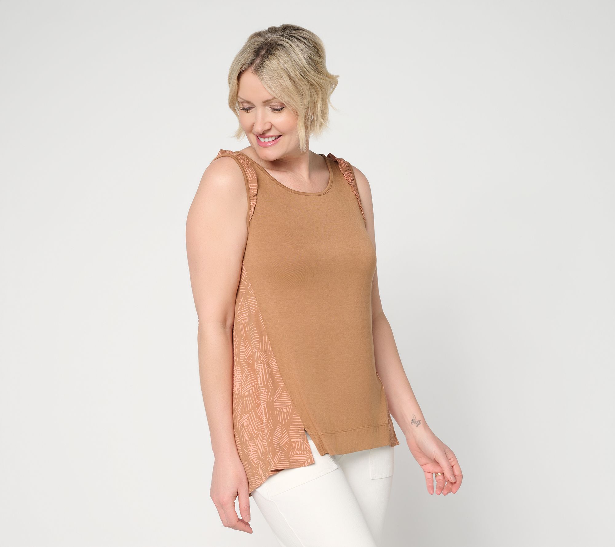 LOGO Layers by Lori Goldstein Print Detail Ruffle Trim Tank