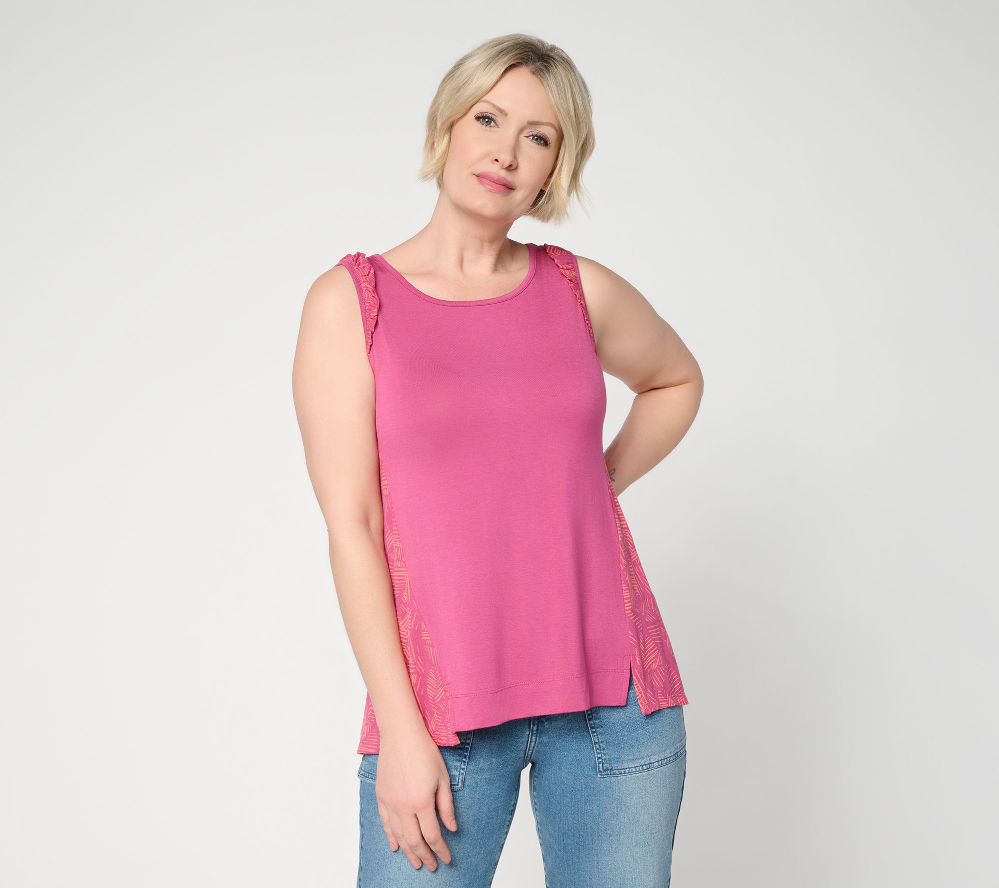 LOGO Layers by Lori Goldstein Print Detail Ruffle Trim Tank