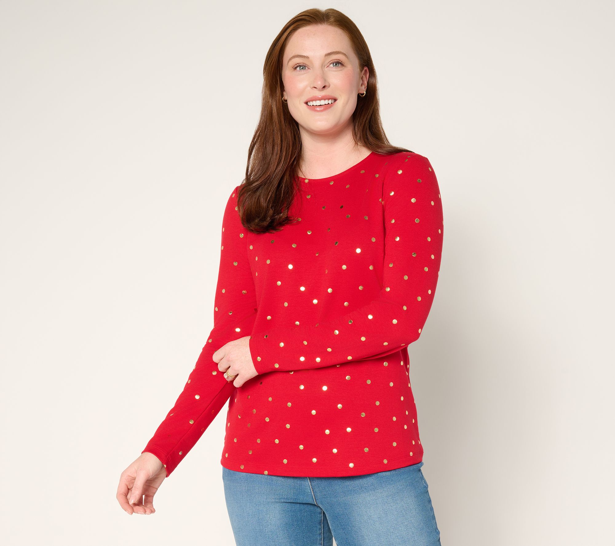 "As Is" Denim & Co. Jersey Foil Dot Crew Neck Top