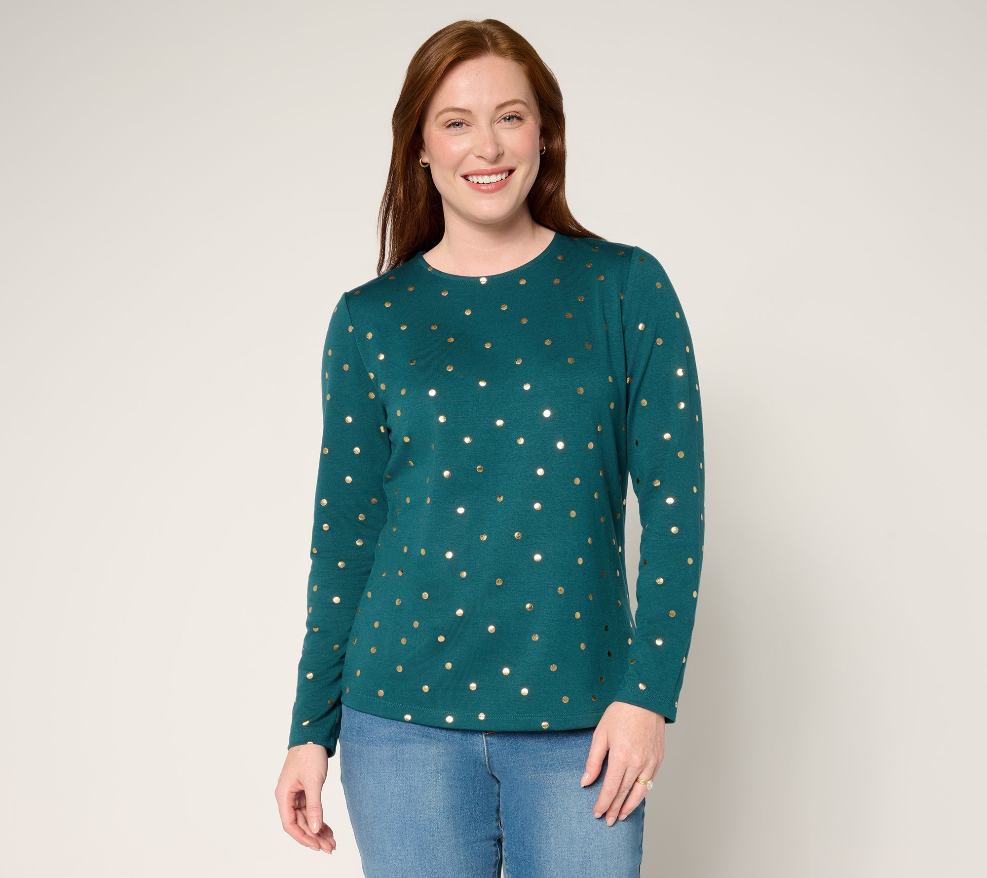 "As Is" Denim & Co. Jersey Foil Dot Crew Neck Top