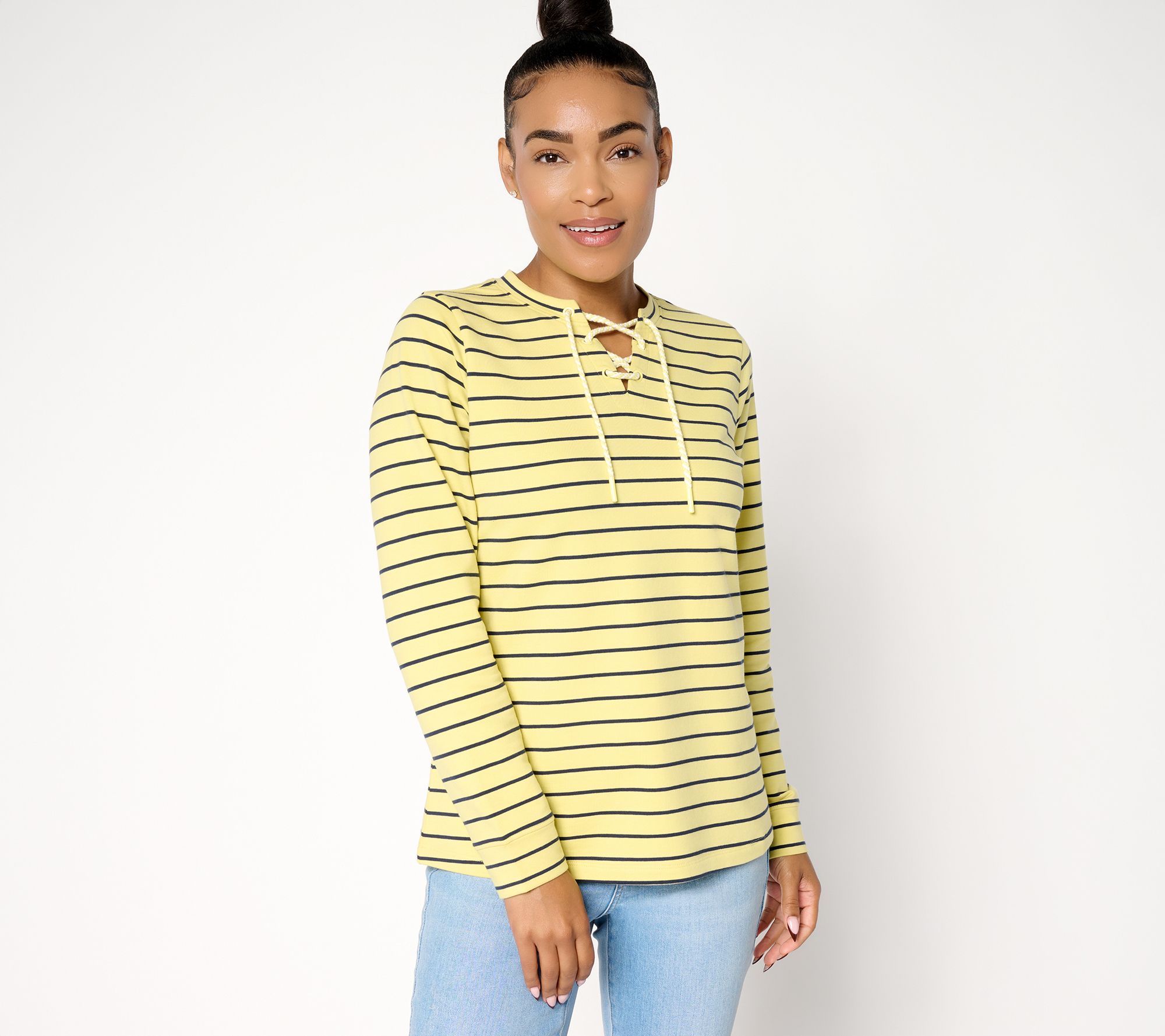 "As Is" Denim & Co. French Terry Lace Up Long Sleeve Pullover