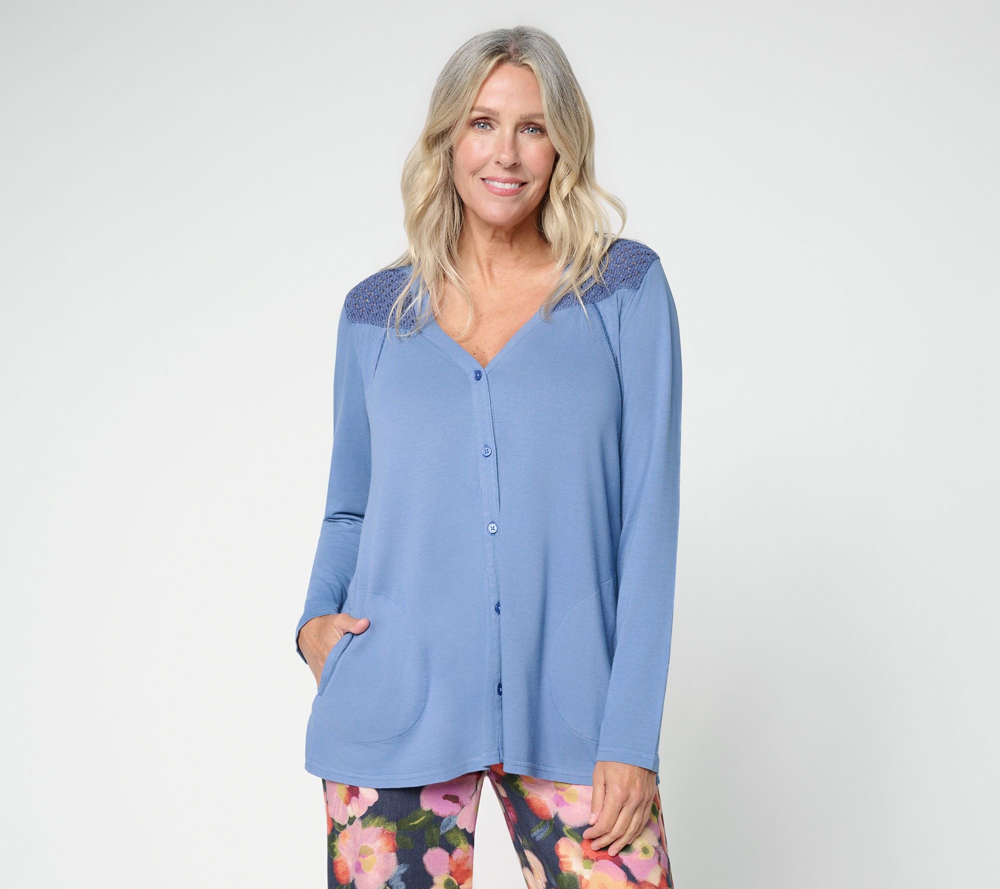  LOGO by Lori Goldstein Lace Detail Button Front Knit Cardigan