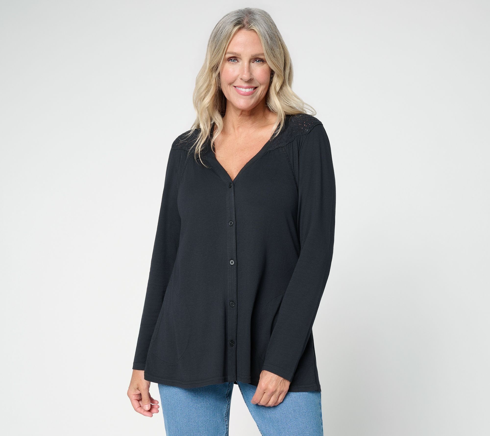LOGO by Lori Goldstein Lace Detail Button Front Knit Cardigan