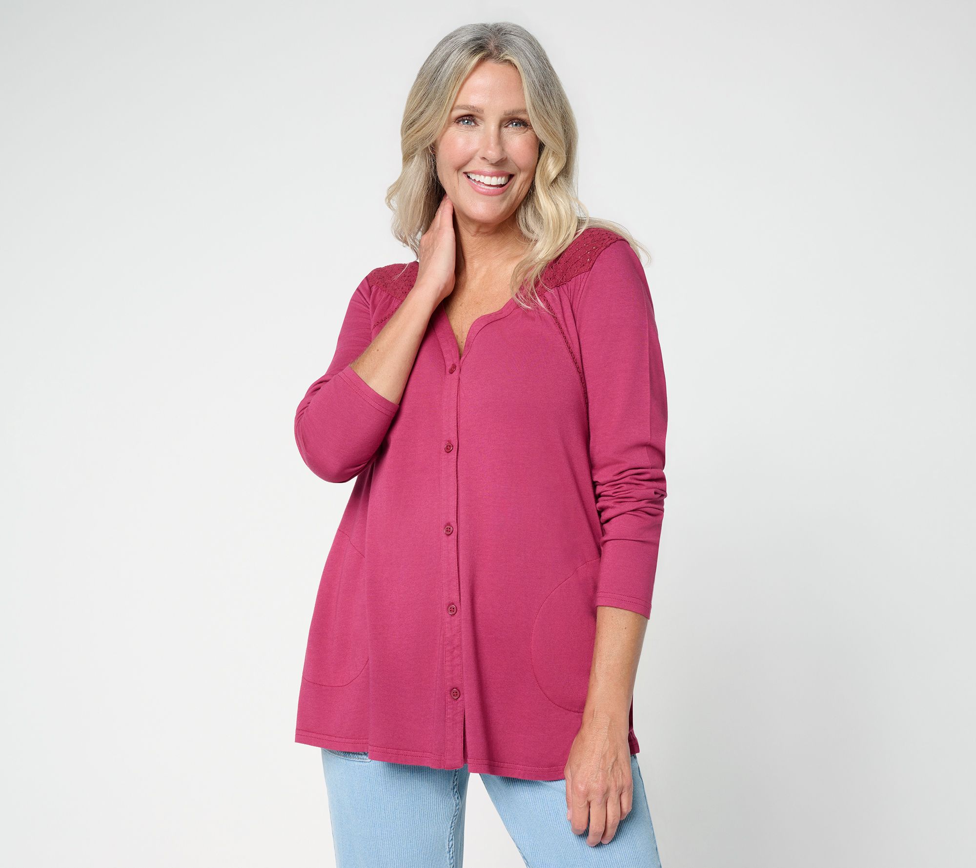 LOGO by Lori Goldstein Lace Detail Button Front Knit Cardigan