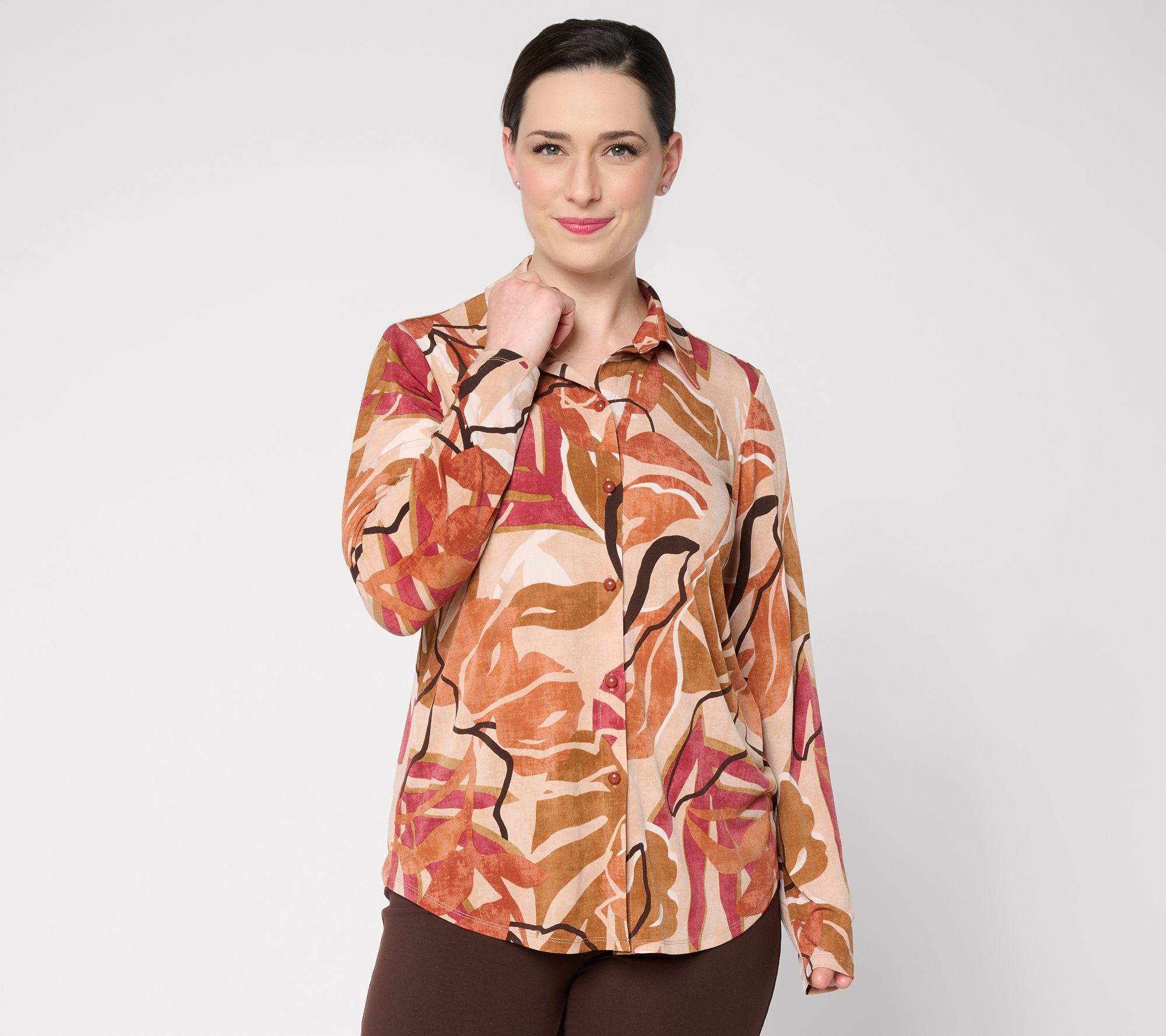 "As Is" Susan Graver Printed Liquid Knit Button-Front Shirt