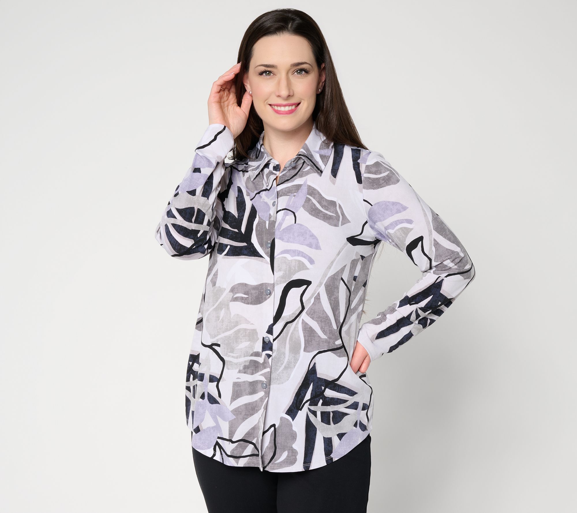 "As Is" Susan Graver Printed Liquid Knit Button-Front Shirt