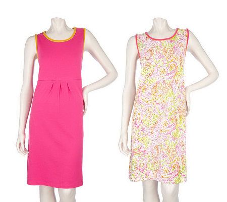 Stan Herman Set of 2 Solid & Print 100% Cotton Shift Dresses - Page 1 ...