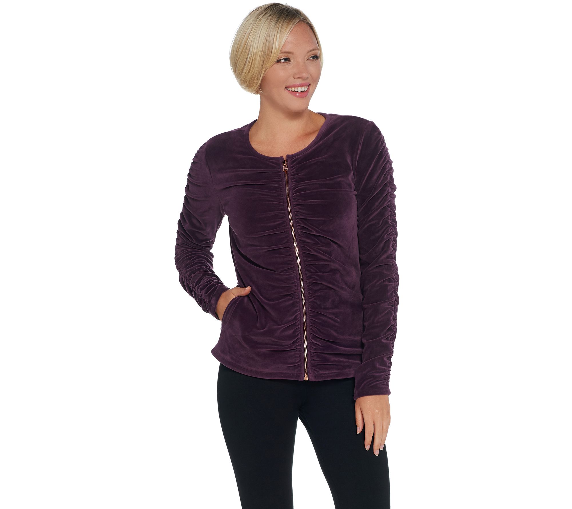 Susan Lucci Collection Long Sleeve Velour Jacket With Ruching