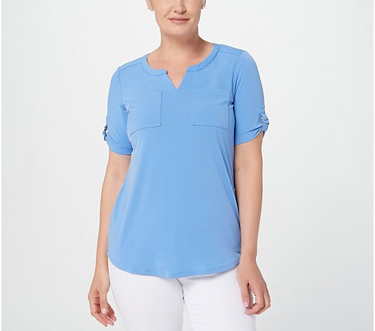 Susan Graver Liquid Knit Split Neck Top with Roll- Tab Sleeves