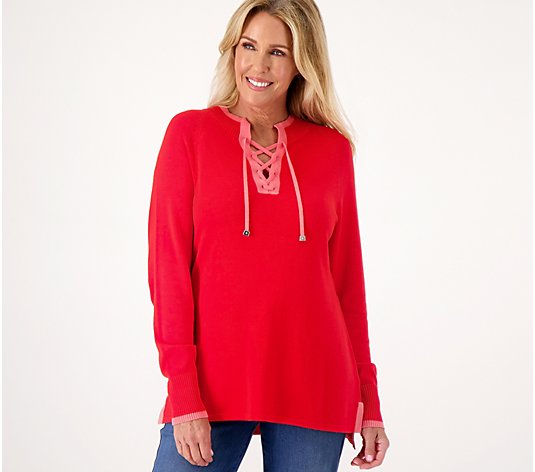Isaac Mizrahi Live! Lace Up Sweater with Tipping Pockets